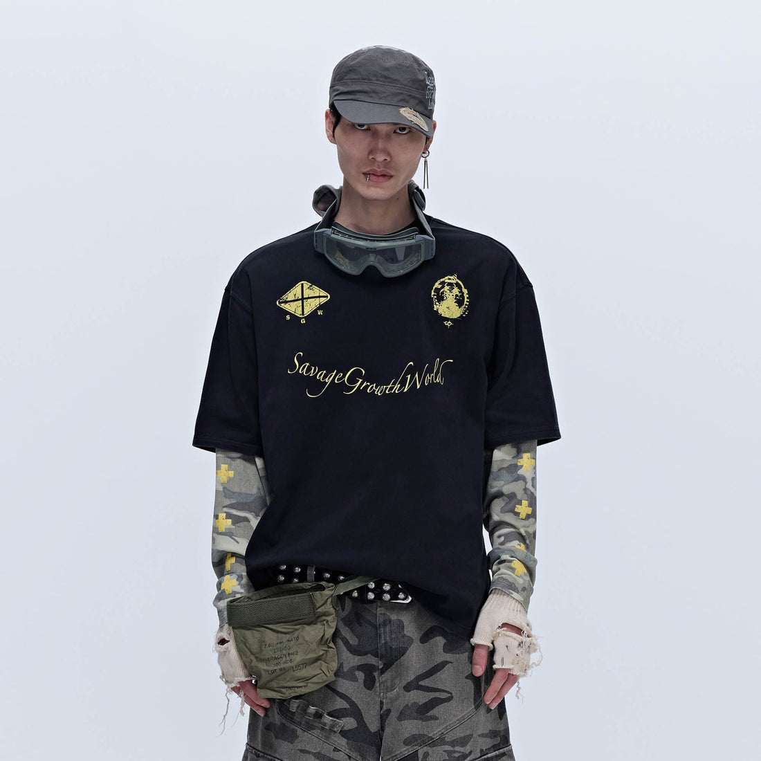 SAVAGEGROWTHWORLD No.5 Camo-Sleeve Layered Long-Sleeve T-Shirt-L/S Tee-S-Free Shipping Leatheretro