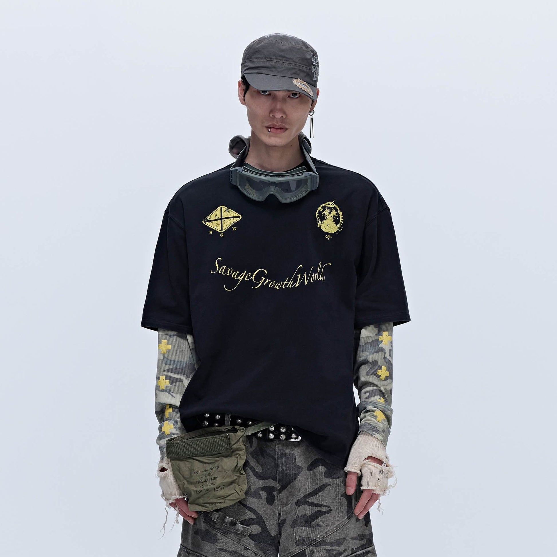 SAVAGEGROWTHWORLD No.5 Camo-Sleeve Layered Long-Sleeve T-Shirt-L/S Tee-S-Free Shipping Leatheretro