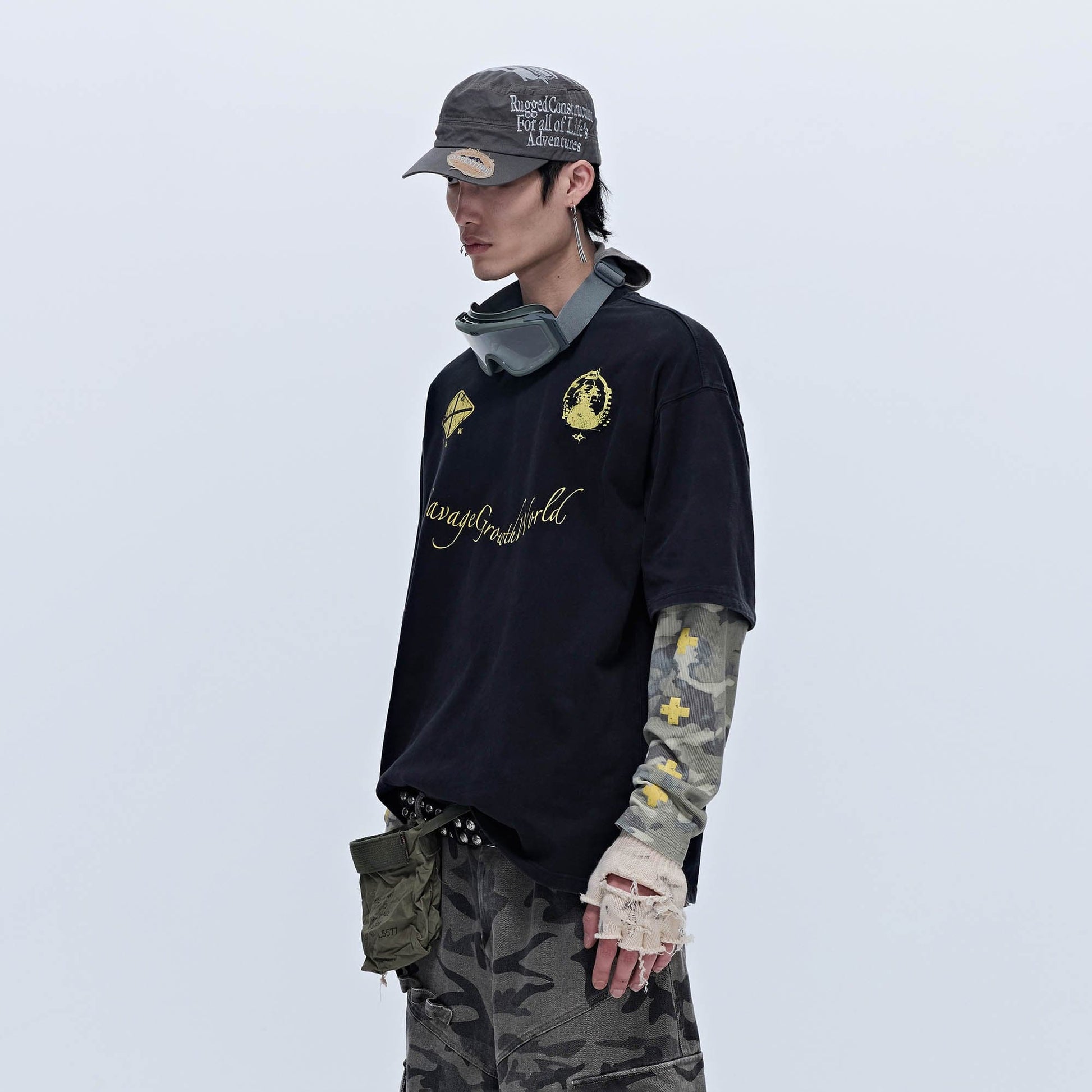 SAVAGEGROWTHWORLD No.5 Camo-Sleeve Layered Long-Sleeve T-Shirt-L/S Tee-S-Free Shipping Leatheretro