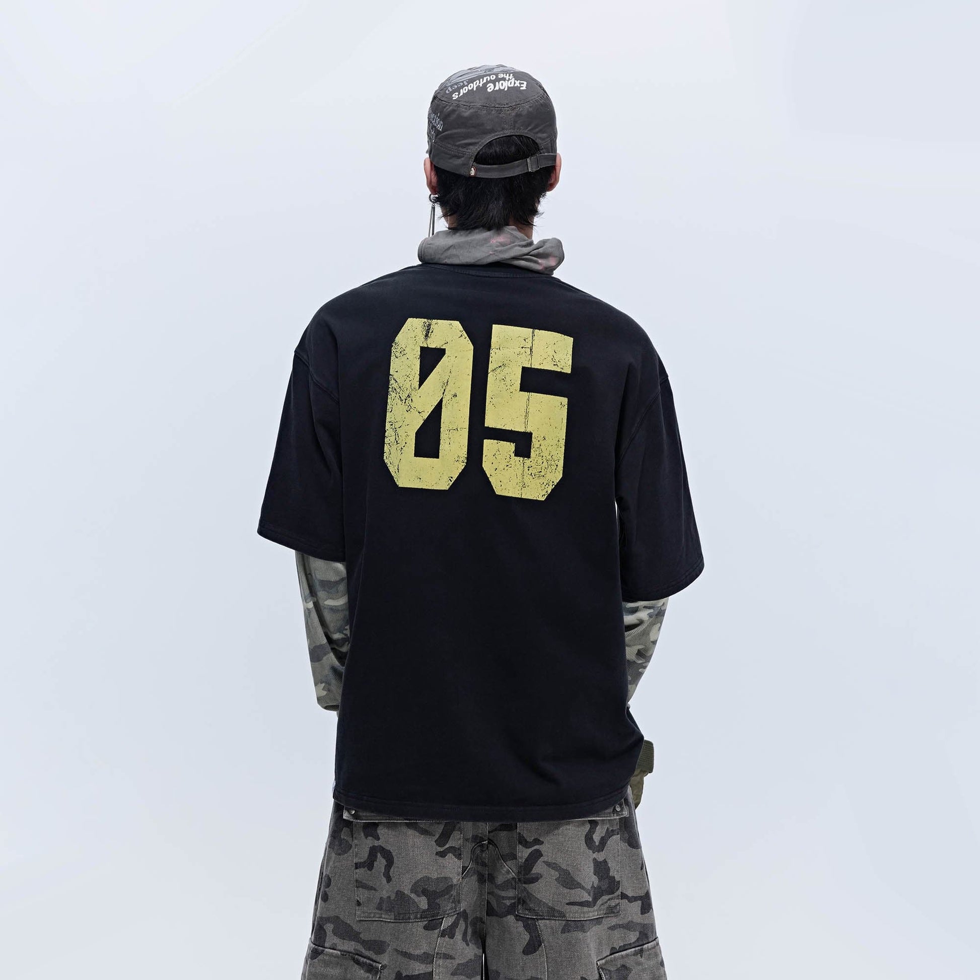 SAVAGEGROWTHWORLD No.5 Camo-Sleeve Layered Long-Sleeve T-Shirt-L/S Tee-S-Free Shipping Leatheretro
