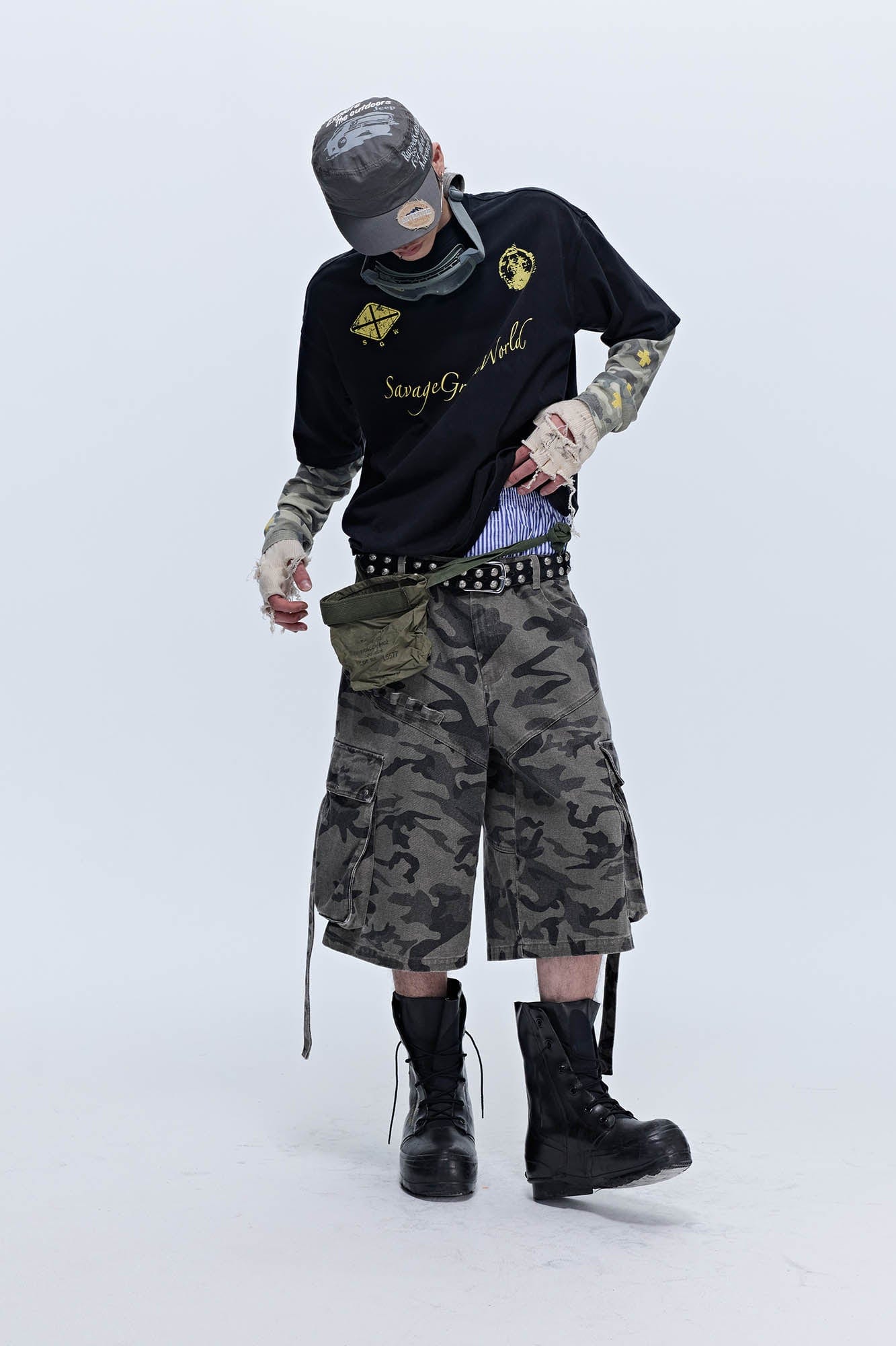 SAVAGEGROWTHWORLD No.5 Camo-Sleeve Layered Long-Sleeve T-Shirt-L/S Tee-S-Free Shipping Leatheretro