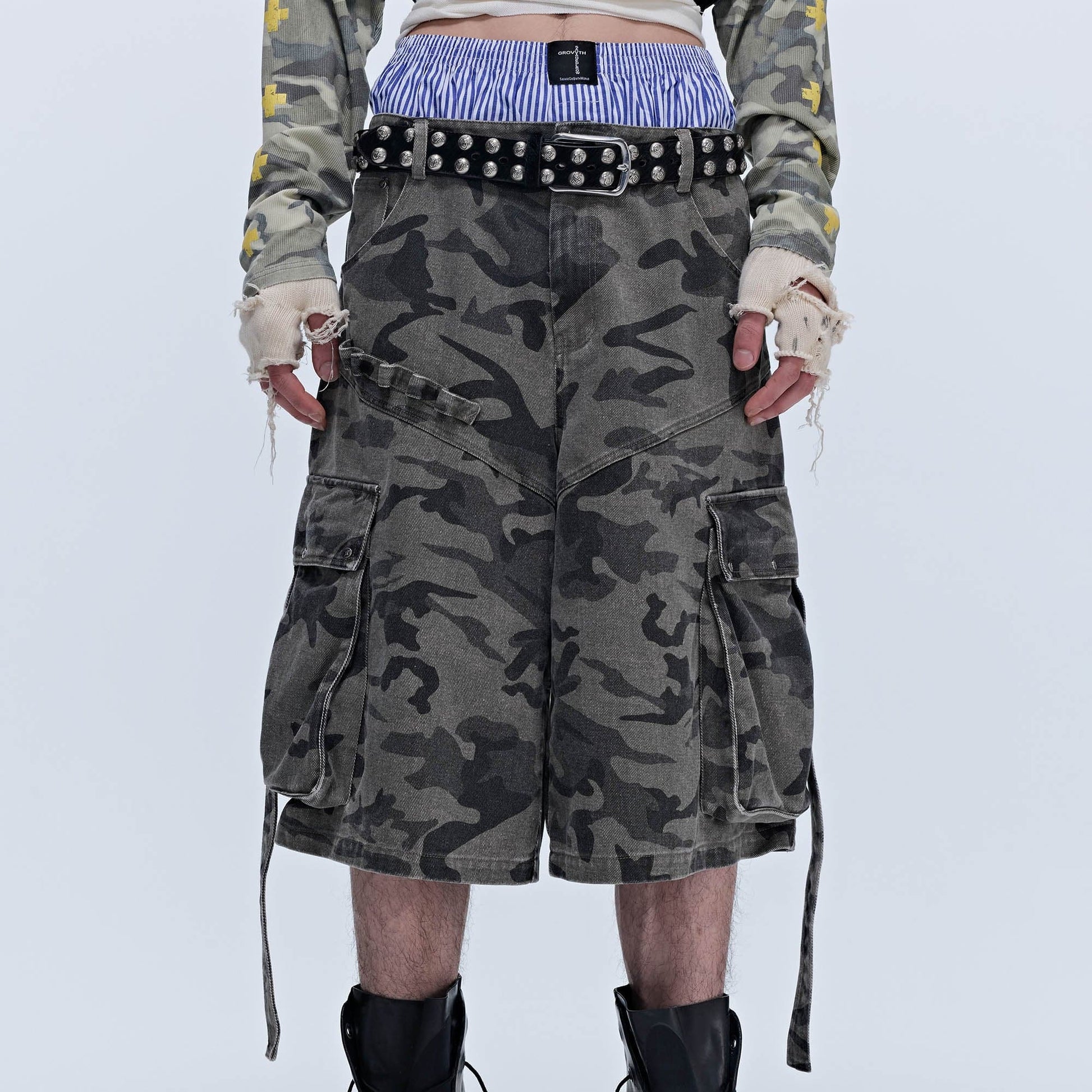 SAVAGEGROWTHWORLD Camo Spliced Multi-Pocket Shorts-Shorts-S-Free Shipping Leatheretro