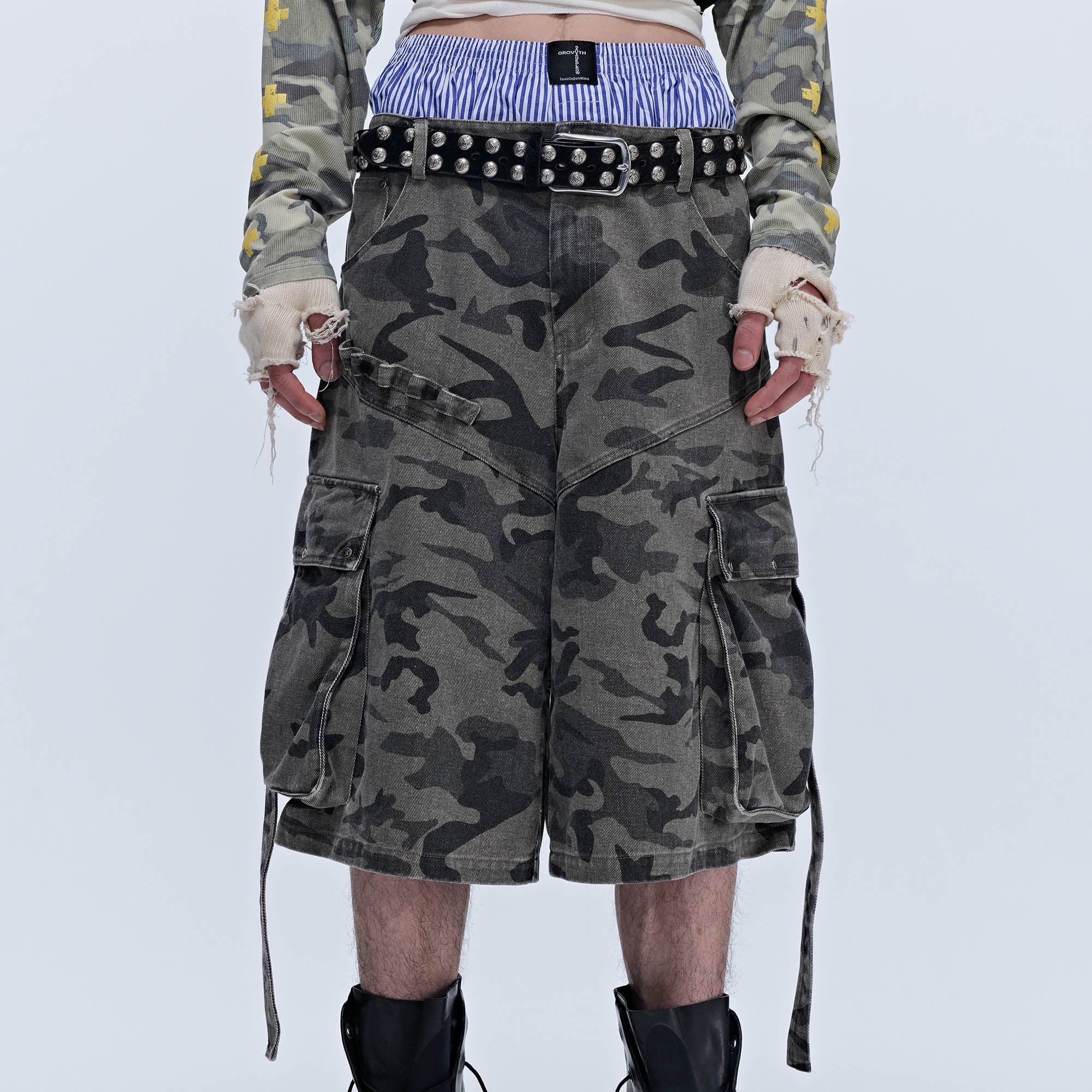 SAVAGEGROWTHWORLD Camo Spliced Multi-Pocket Shorts-Shorts-S-Free Shipping Leatheretro