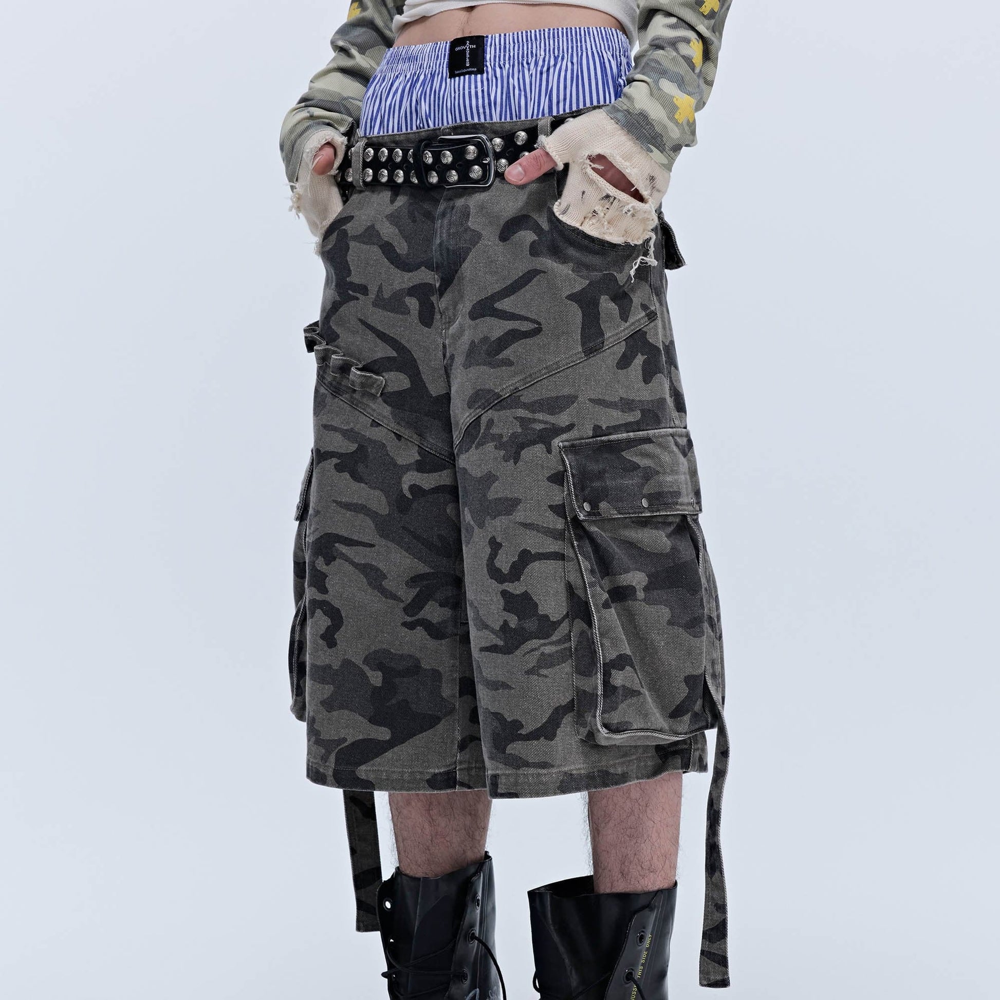 SAVAGEGROWTHWORLD Camo Spliced Multi-Pocket Shorts-Shorts-S-Free Shipping Leatheretro