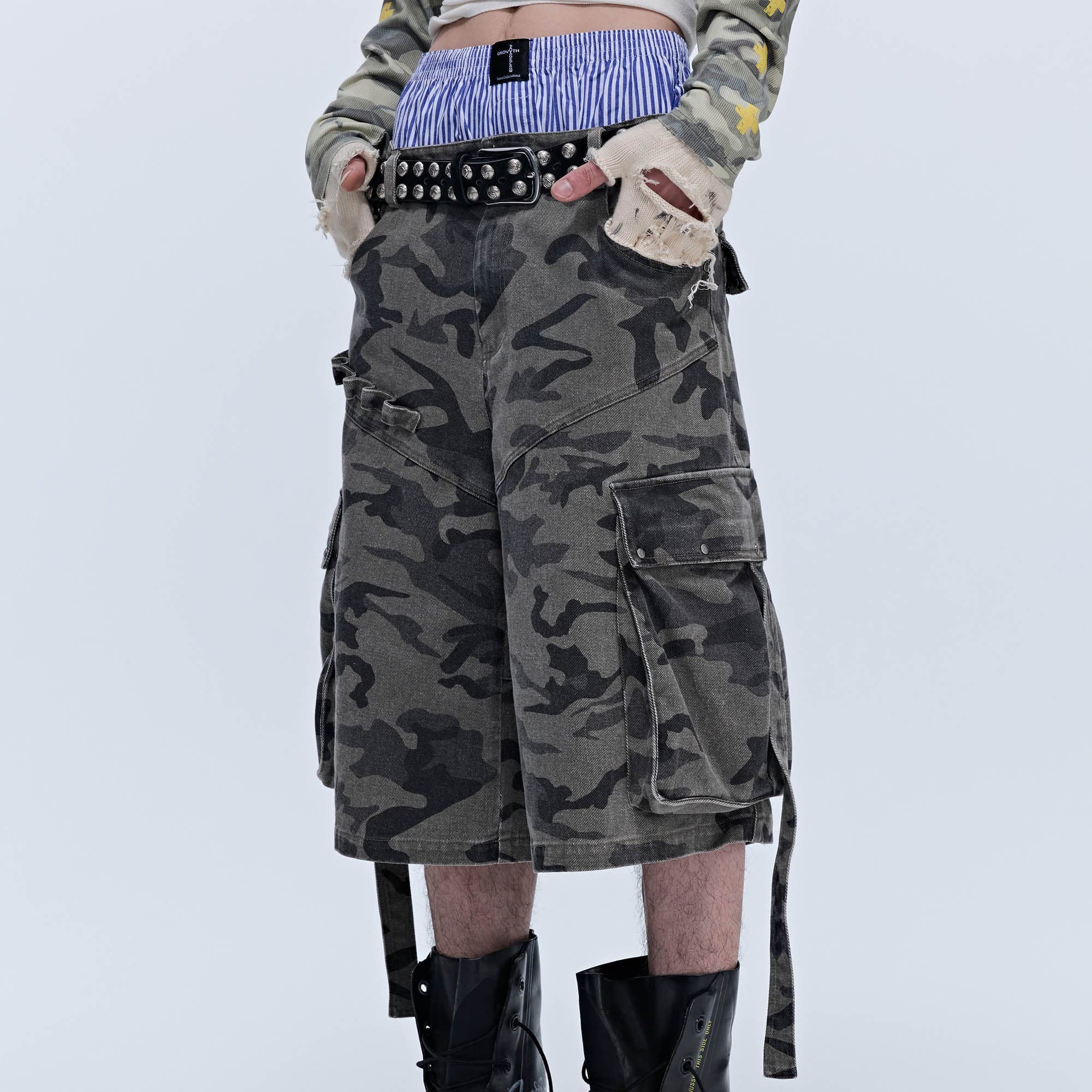 SAVAGEGROWTHWORLD Camo Spliced Multi-Pocket Shorts-Shorts-S-Free Shipping Leatheretro