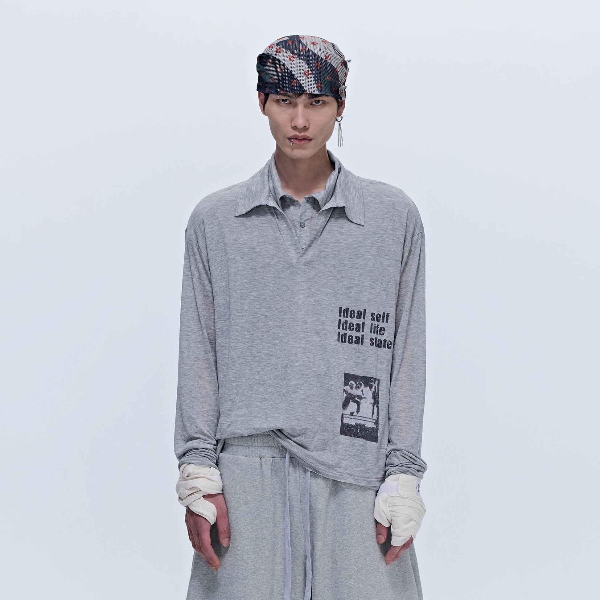 SAVAGEGROWTHWORLD Layered-Collar Slogan Polo Long-Sleeve T-Shirt-L/S Tee-S-Gray-Free Shipping Leatheretro