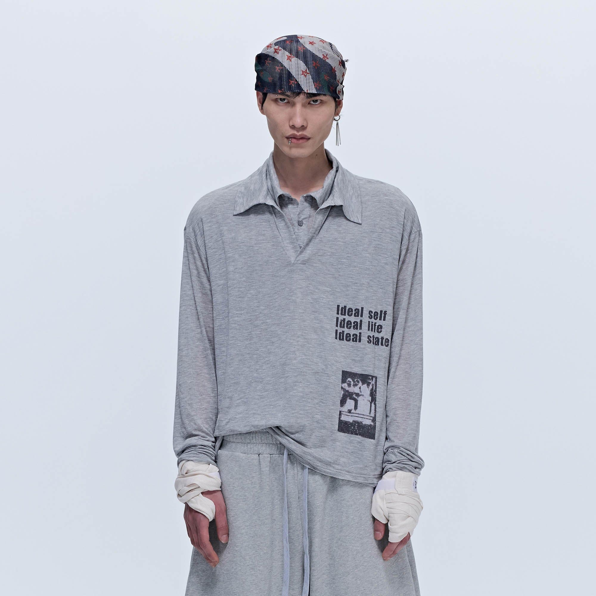 SAVAGEGROWTHWORLD Layered-Collar Slogan Polo Long-Sleeve T-Shirt-L/S Tee-S-Gray-Free Shipping Leatheretro