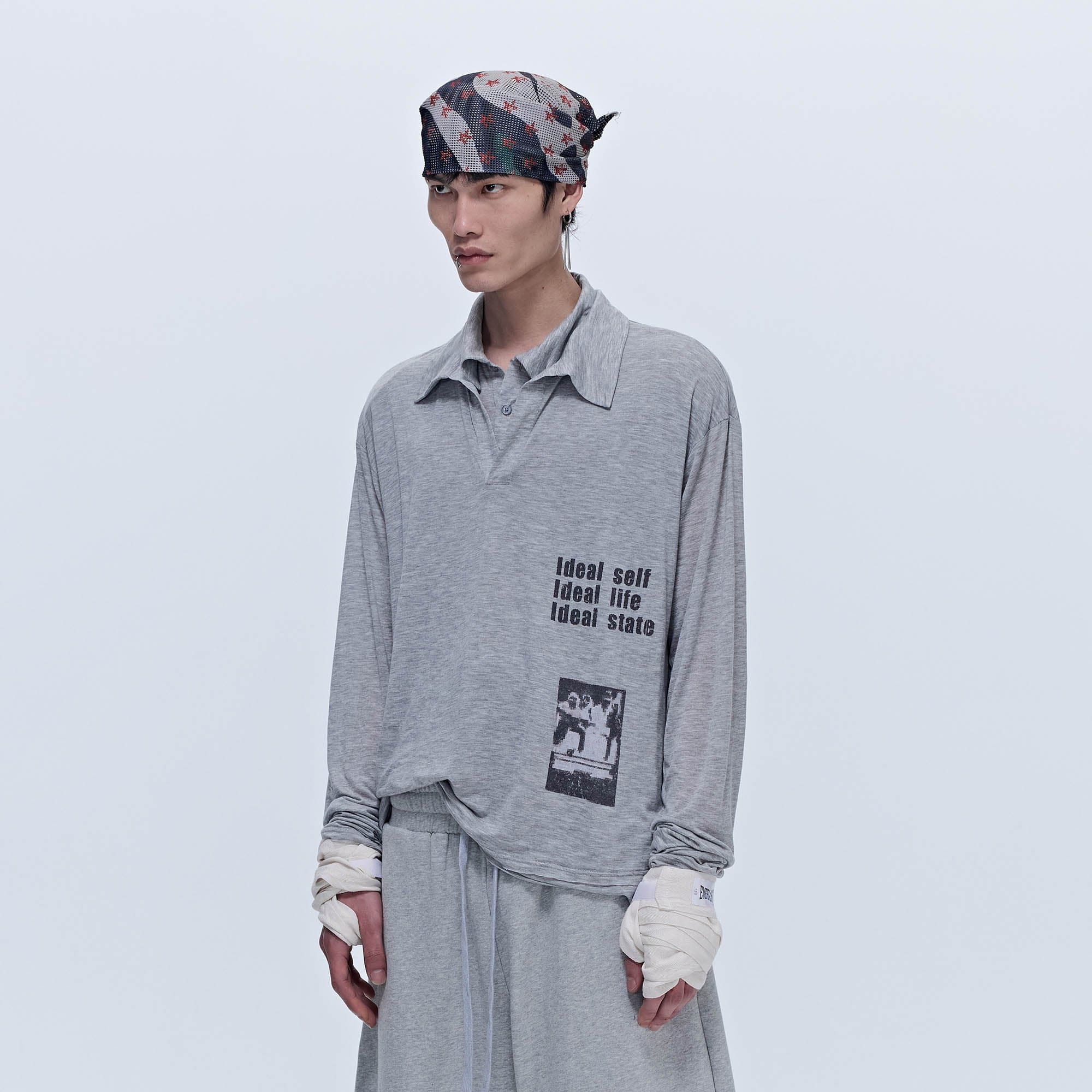 SAVAGEGROWTHWORLD Layered-Collar Slogan Polo Long-Sleeve T-Shirt-L/S Tee-S-Black-Free Shipping Leatheretro