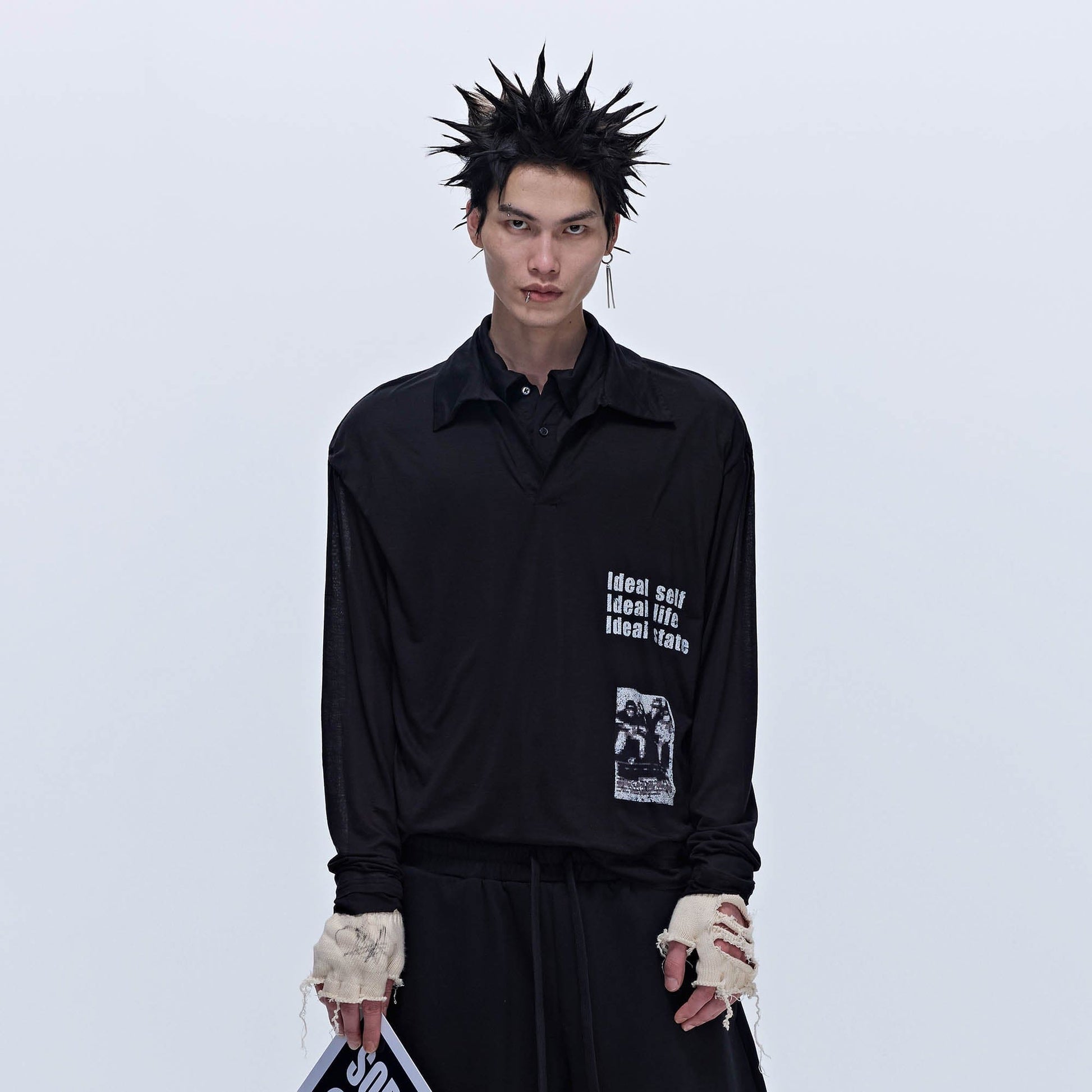 SAVAGEGROWTHWORLD Layered-Collar Slogan Polo Long-Sleeve T-Shirt-L/S Tee-S-Black-Free Shipping Leatheretro