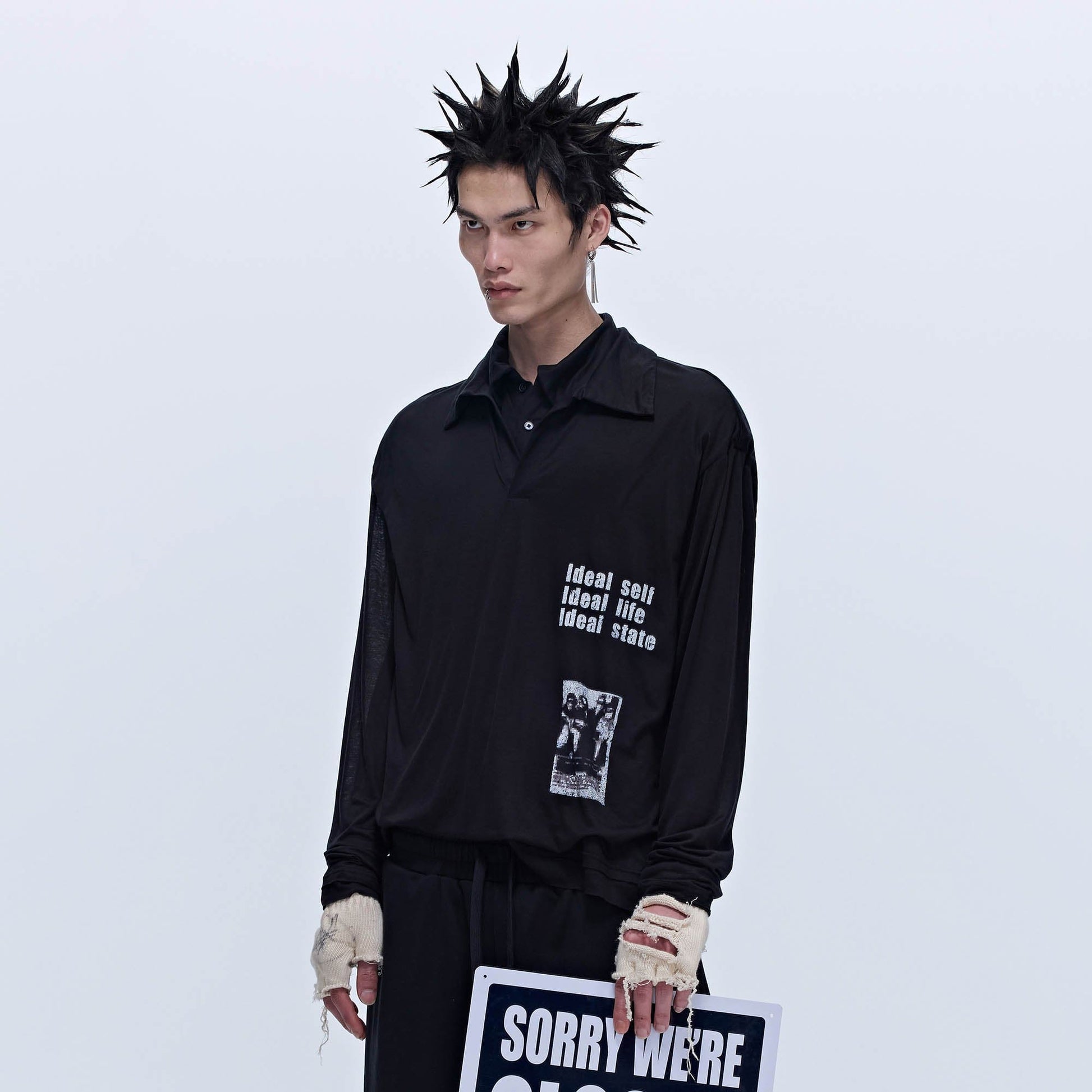 SAVAGEGROWTHWORLD Layered-Collar Slogan Polo Long-Sleeve T-Shirt-L/S Tee-S-Black-Free Shipping Leatheretro