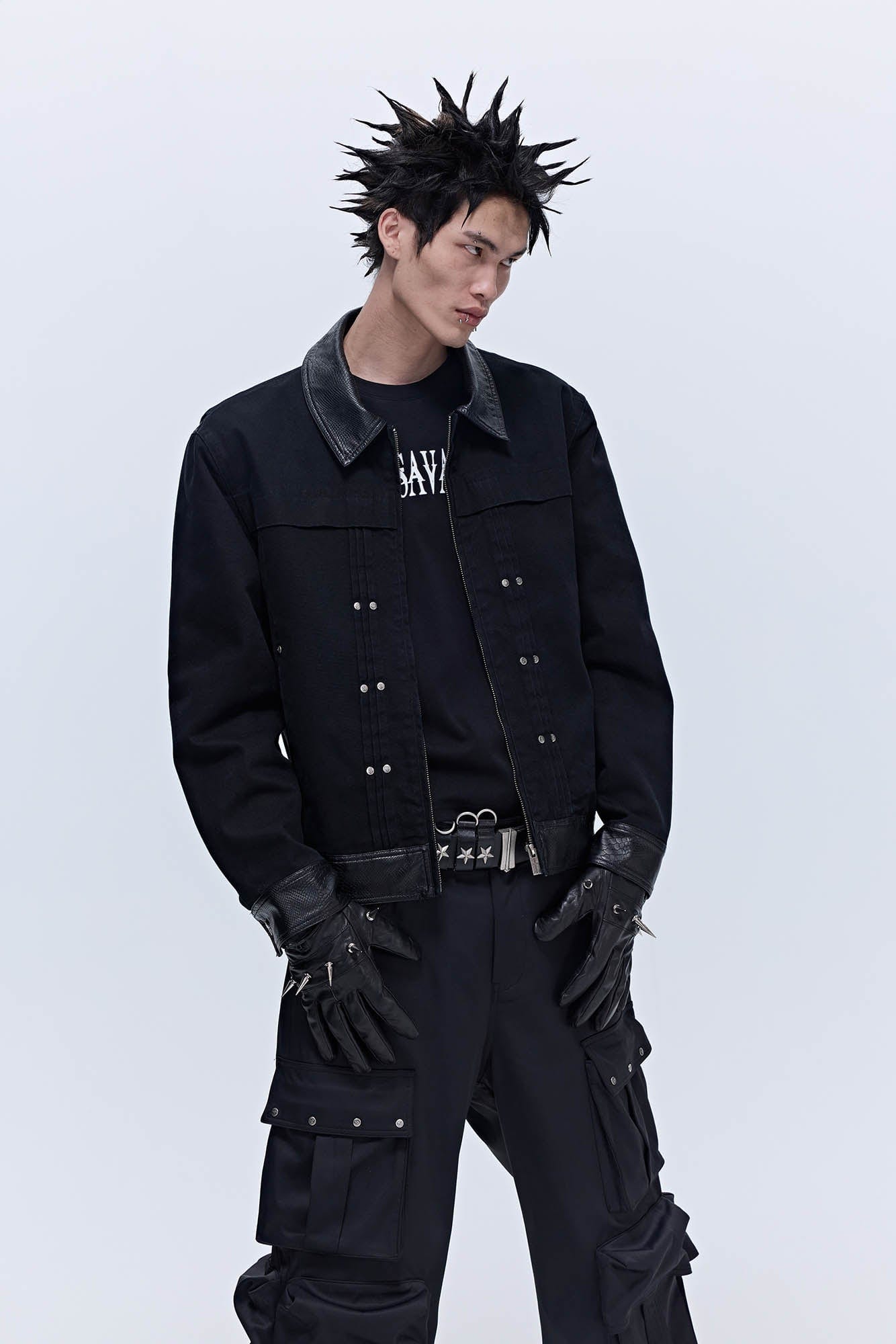 SAVAGEGROWTHWORLD Rivet Faux Leather Paneled Detroit Jacket-Jacket-S-Free Shipping Leatheretro