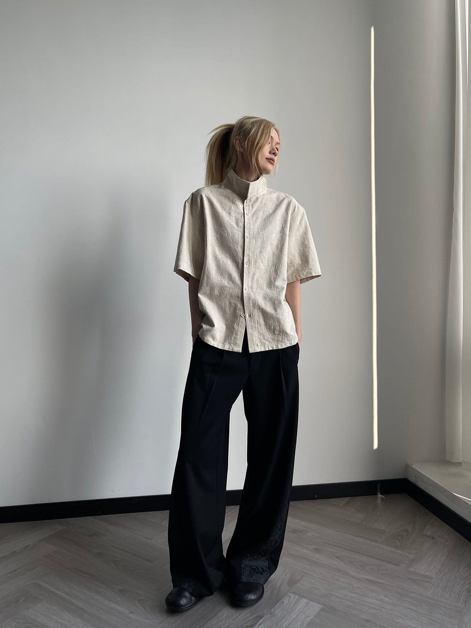 OKAYTHXBYE Floral Embossed Stand Collar Shirt-Half shirt-S-White-Free Shipping Leatheretro