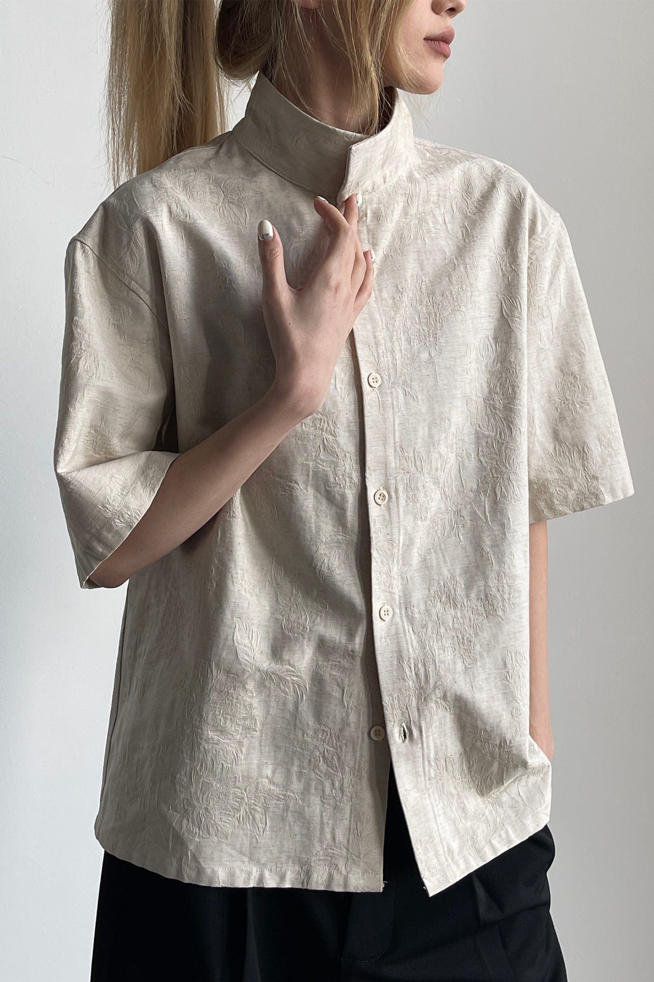 OKAYTHXBYE Floral Embossed Stand Collar Shirt-Half shirt-S-White-Free Shipping Leatheretro