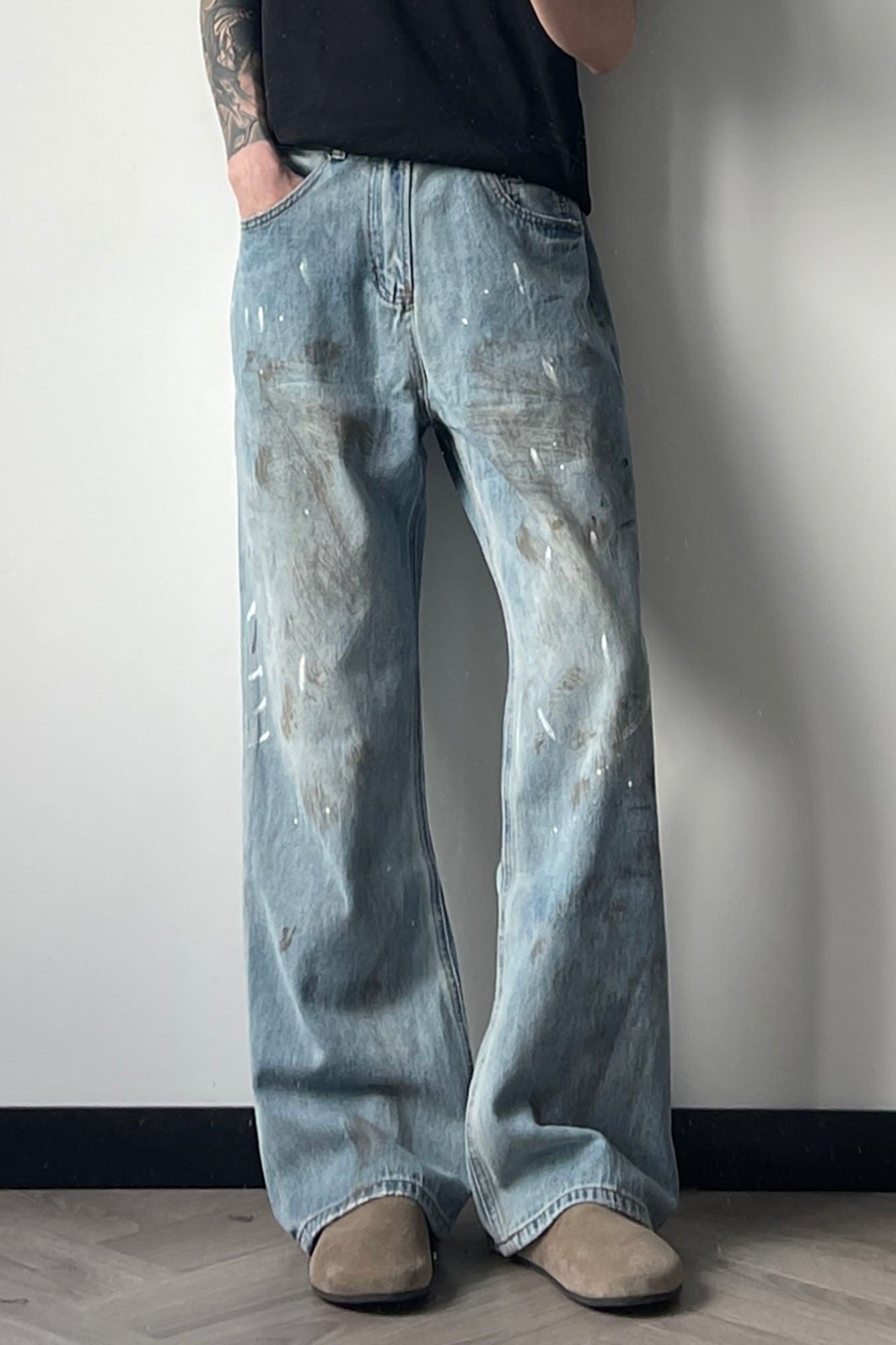 OKAYTHXBYE Paint-Splattered Distressed Jeans-Jeans-S-Blue-Free Shipping Leatheretro