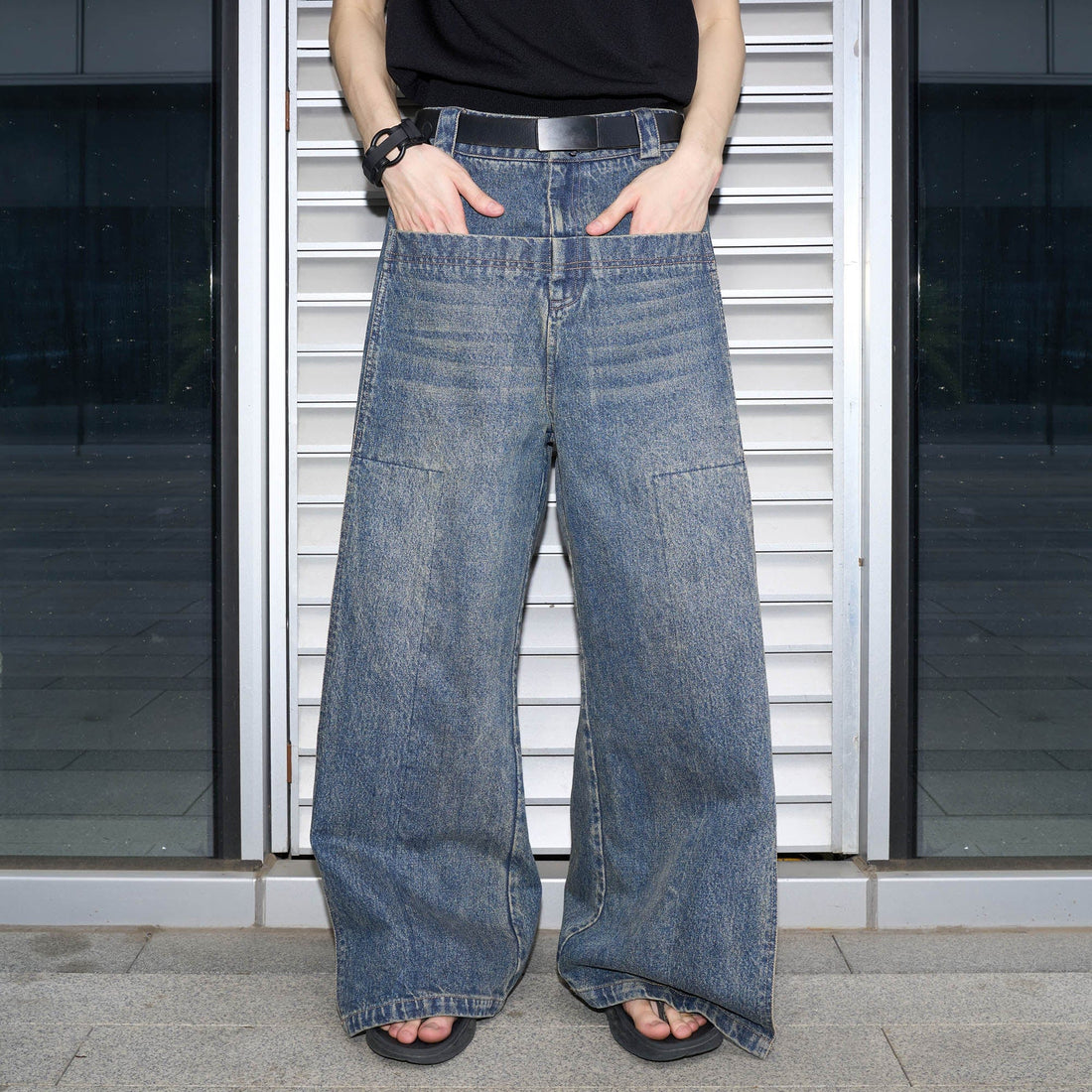 49PERCENT Retro Flap Pocket Panel Wide-Leg Pants-Jeans-S-Free Shipping Leatheretro