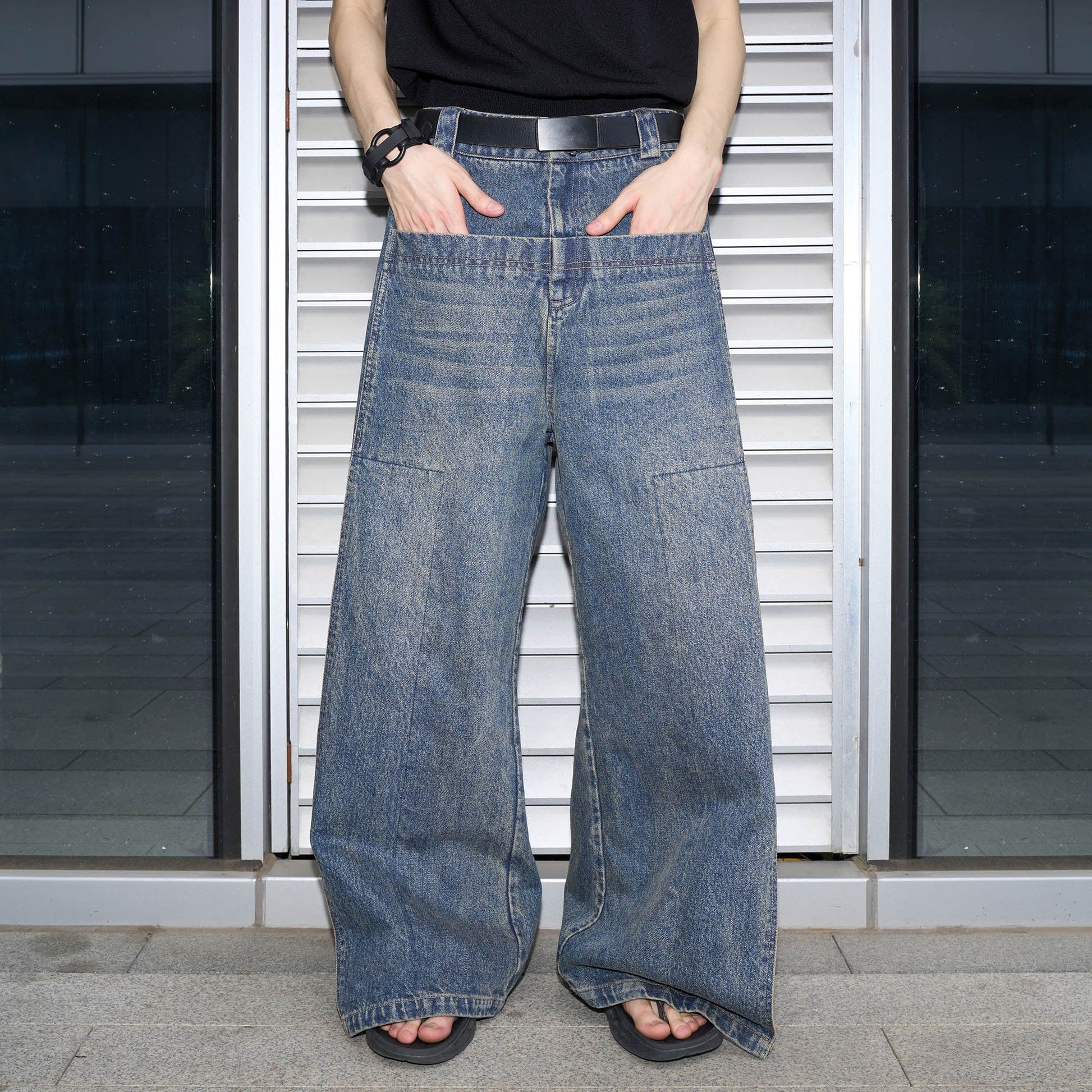 49PERCENT Retro Flap Pocket Panel Wide-Leg Pants-Jeans-S-Free Shipping Leatheretro