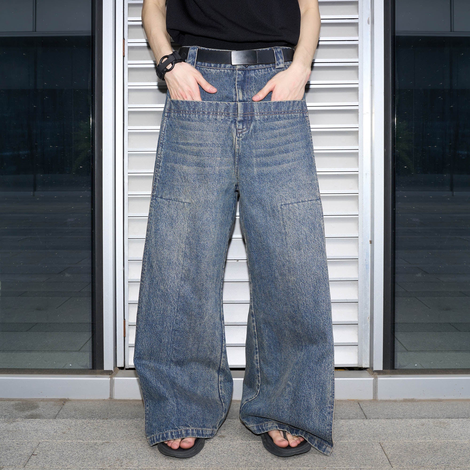 49PERCENT Retro Flap Pocket Panel Wide-Leg Pants-Jeans-S-Free Shipping Leatheretro