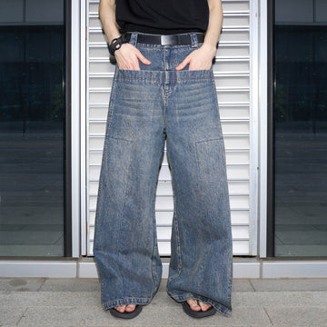 49PERCENT Retro Flap Pocket Panel Wide-Leg Pants-Jeans-S-Free Shipping Leatheretro