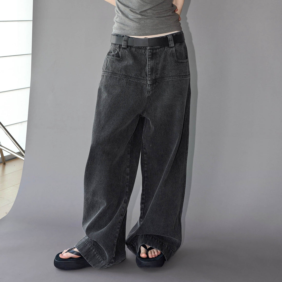 49PERCENT Washed Front Spliced Wide-Leg Jeans-Jeans-XS-Free Shipping Leatheretro