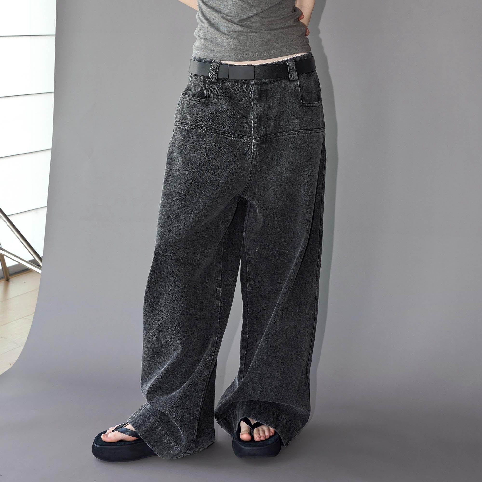 49PERCENT Washed Front Spliced Wide-Leg Jeans-Jeans-XS-Free Shipping Leatheretro