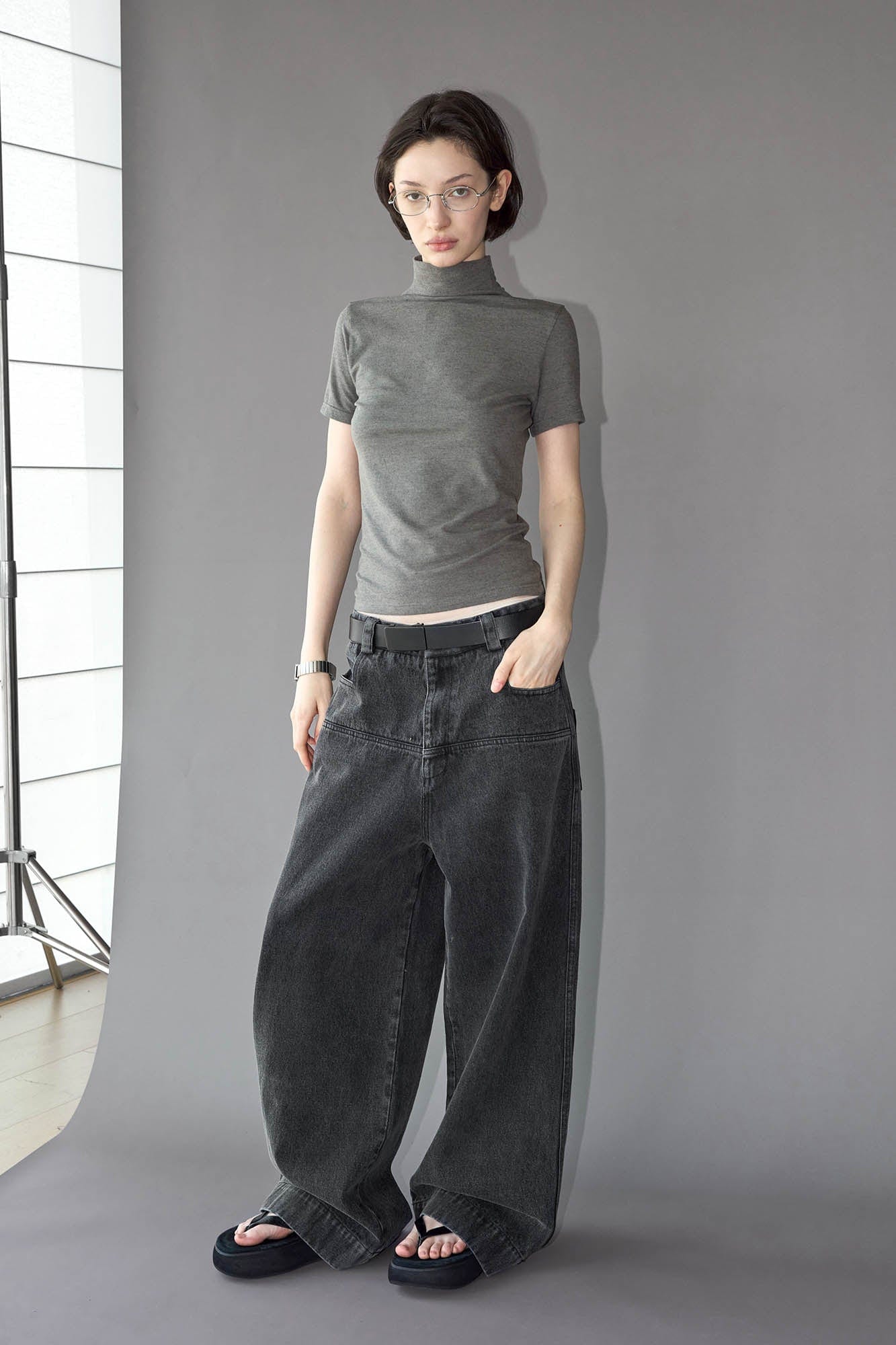 49PERCENT Washed Front Spliced Wide-Leg Jeans-Jeans-XS-Free Shipping Leatheretro