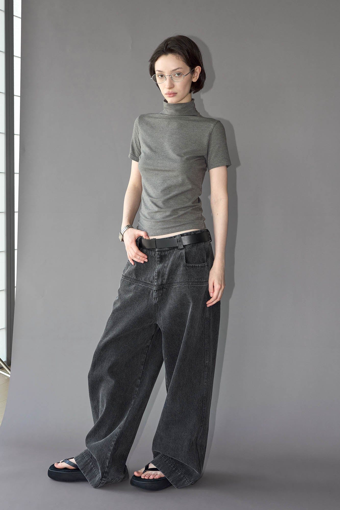 49PERCENT Washed Front Spliced Wide-Leg Jeans-Jeans-XS-Free Shipping Leatheretro