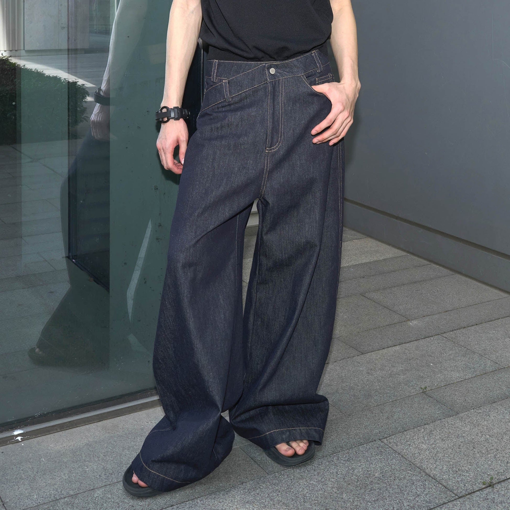 49PERCENT Asymmetrical Waist Raw Wide-Leg Jeans-Jeans-S-Free Shipping Leatheretro