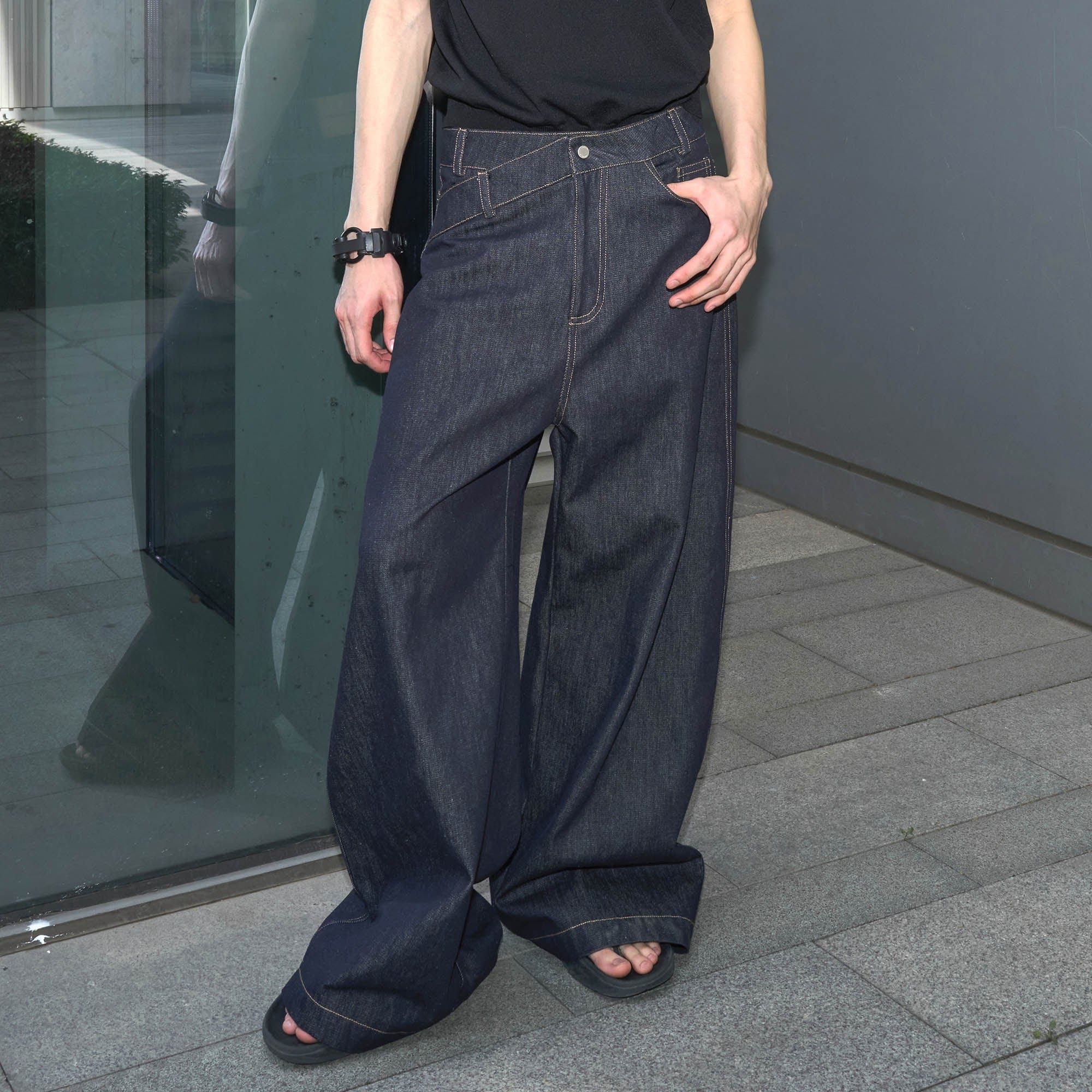 49PERCENT Asymmetrical Waist Raw Wide-Leg Jeans-Jeans-S-Free Shipping Leatheretro