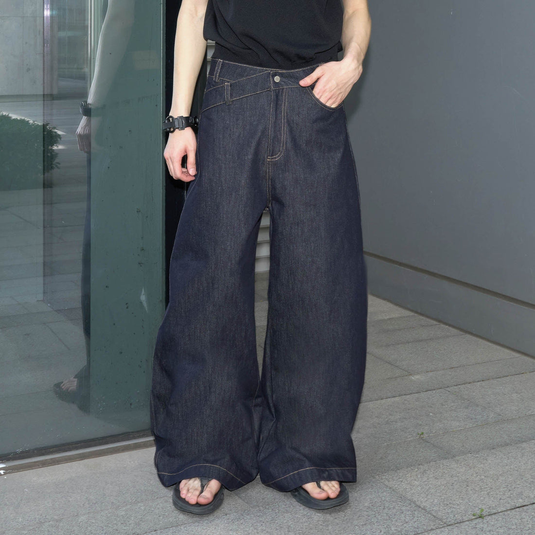 49PERCENT Asymmetrical Waist Raw Wide-Leg Jeans-Jeans-S-Free Shipping Leatheretro