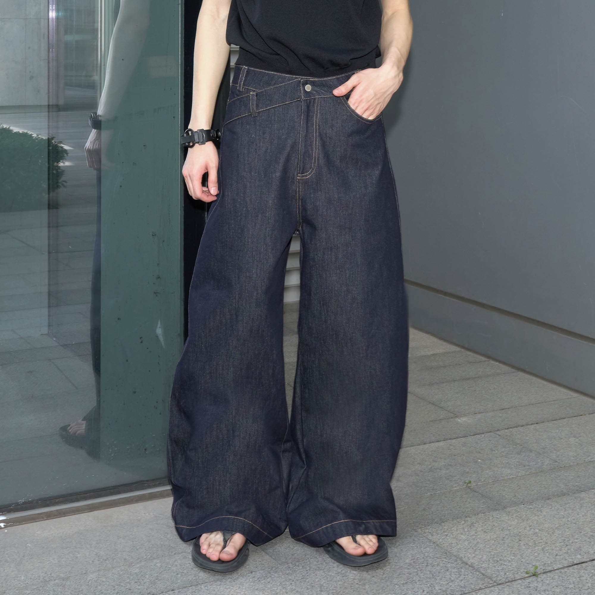 49PERCENT Asymmetrical Waist Raw Wide-Leg Jeans-Jeans-S-Free Shipping Leatheretro