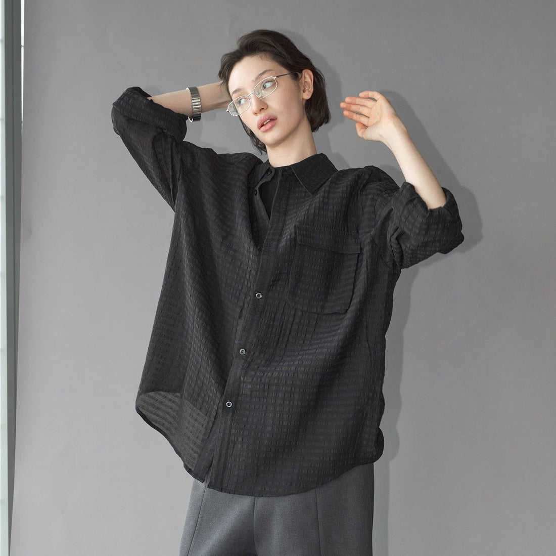 49PERCENT Sheer Textured Grid Oversized Shirt-Shirt-S-Free Shipping Leatheretro