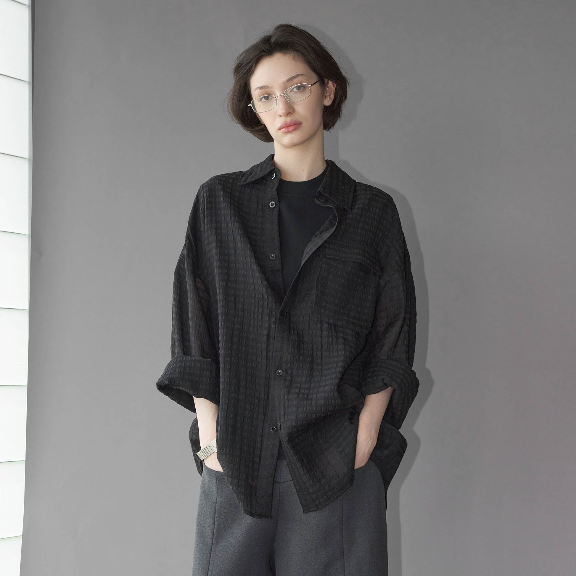 49PERCENT Sheer Textured Grid Oversized Shirt-Shirt-S-Free Shipping Leatheretro