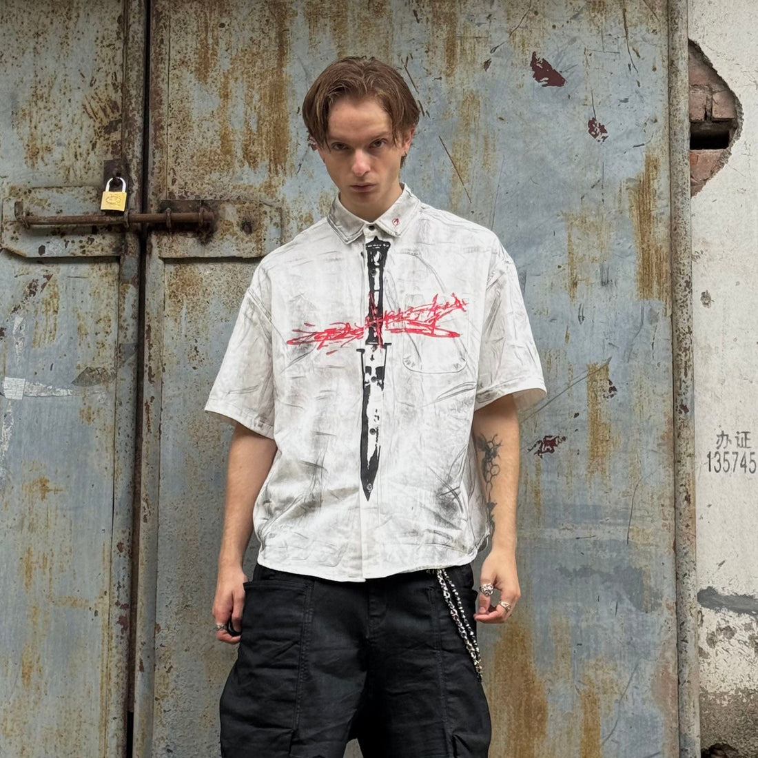 LUUUCAM Graffiti Blade Graphic Half Shirt-Half shirt-S-Free Shipping Leatheretro