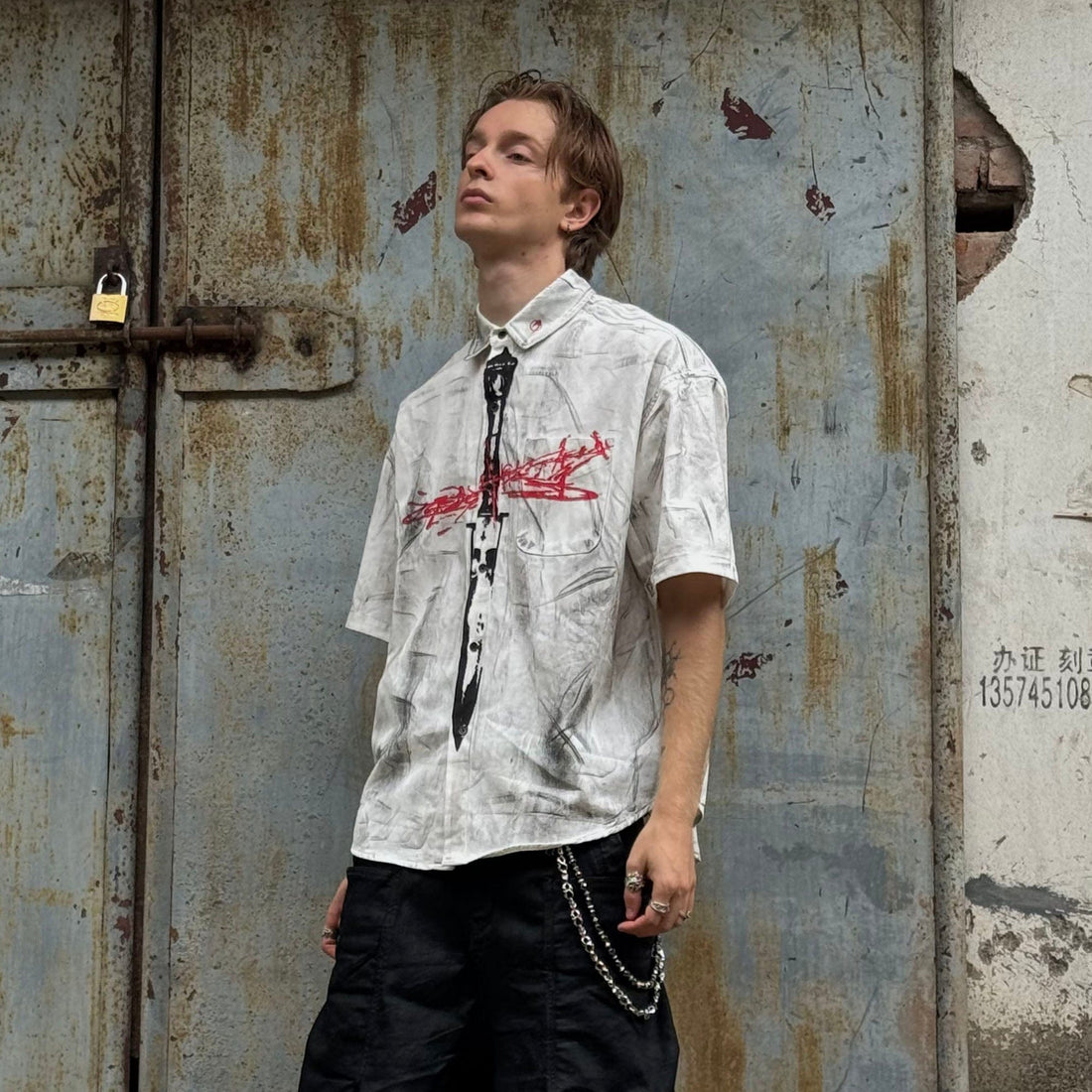 LUUUCAM Graffiti Blade Graphic Half Shirt-Half shirt-S-Free Shipping Leatheretro