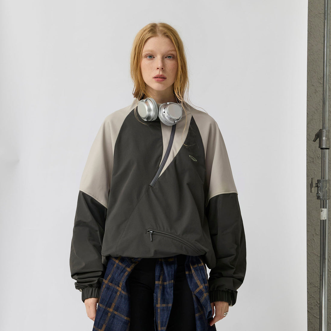 ORGANIC EMOTION Contrast Diagonal Half Zip Oversized Windbreaker-Jacket-S-Light Gray-Free Shipping Leatheretro