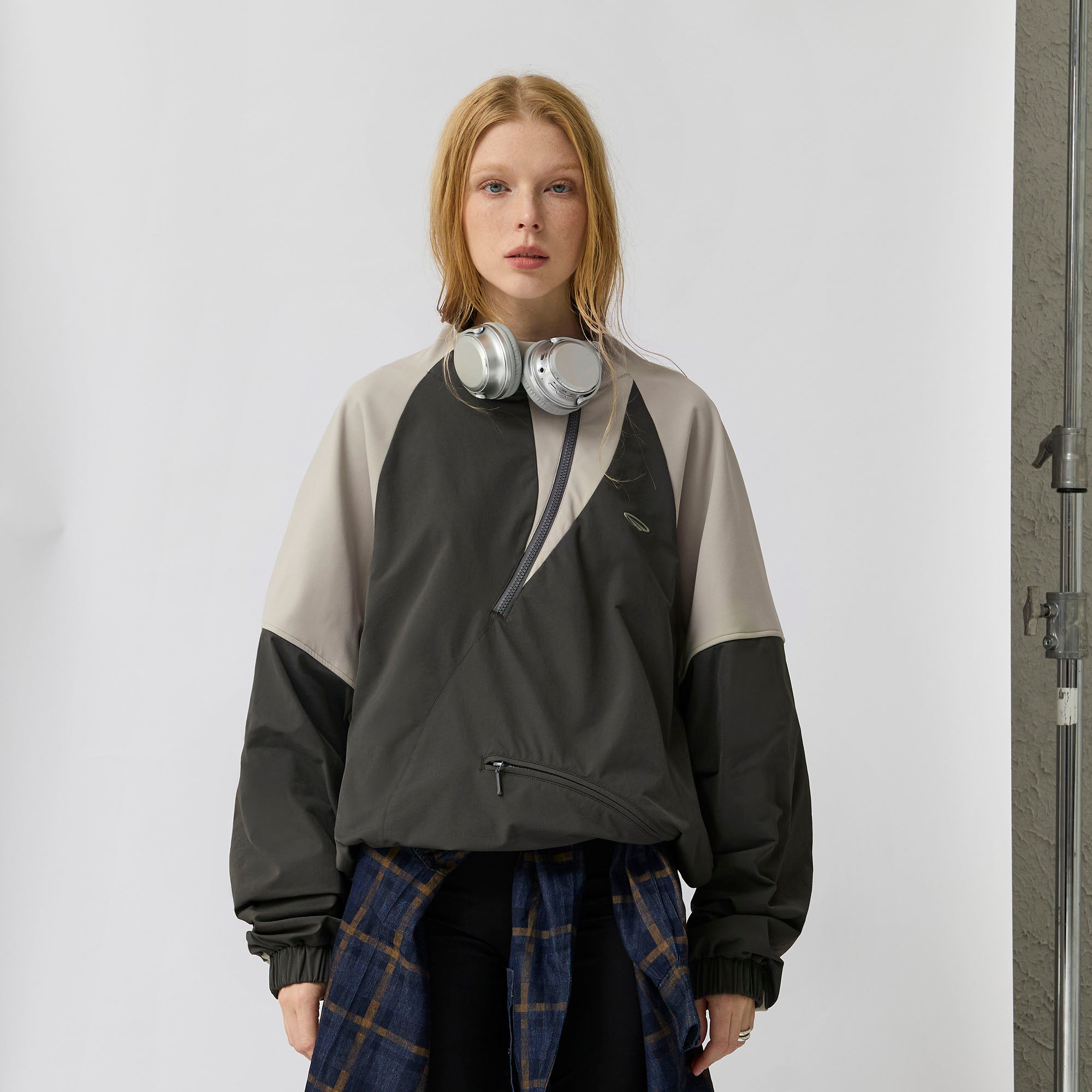 ORGANIC EMOTION Contrast Diagonal Half Zip Oversized Windbreaker-Jacket-S-Dark Gray-Free Shipping Leatheretro