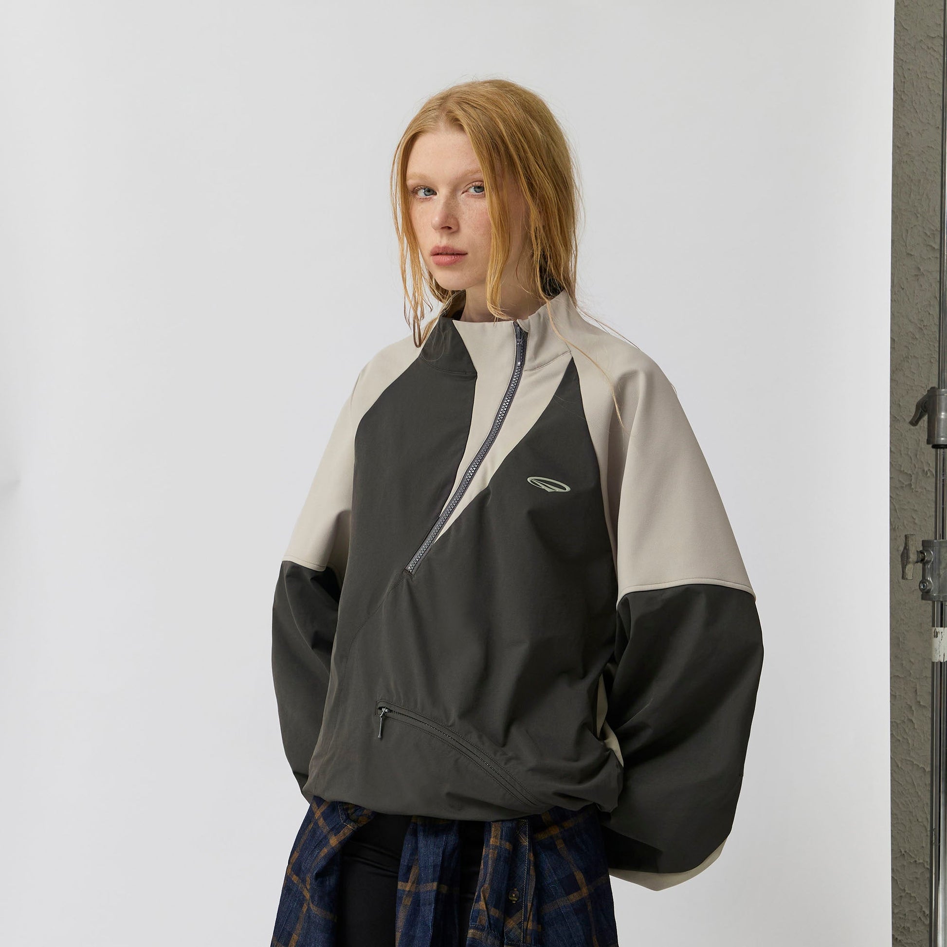 ORGANIC EMOTION Contrast Diagonal Half Zip Oversized Windbreaker-Jacket-S-Light Gray-Free Shipping Leatheretro