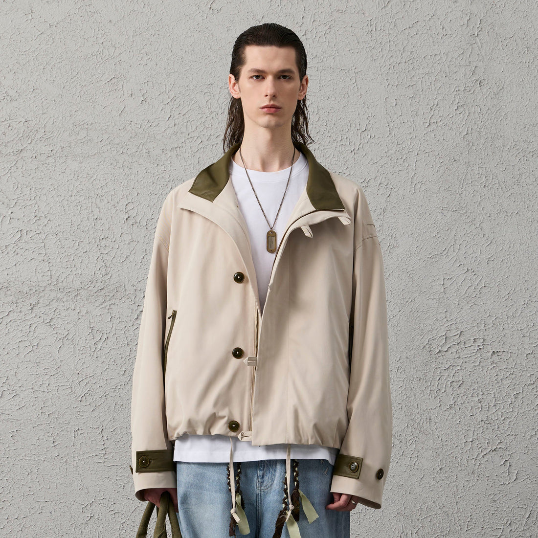 ORGANIC EMOTION Stand Collar PU Drawstring Jacket-Jacket-S-Khaki-Free Shipping Leatheretro