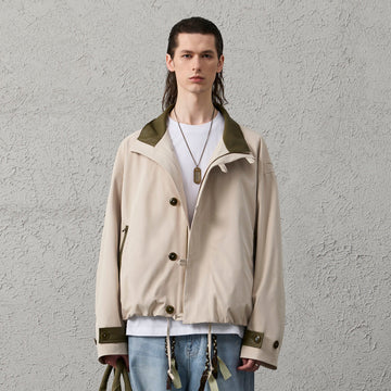 ORGANIC EMOTION Stand Collar PU Drawstring Jacket-Jacket-S-Khaki-Free Shipping Leatheretro