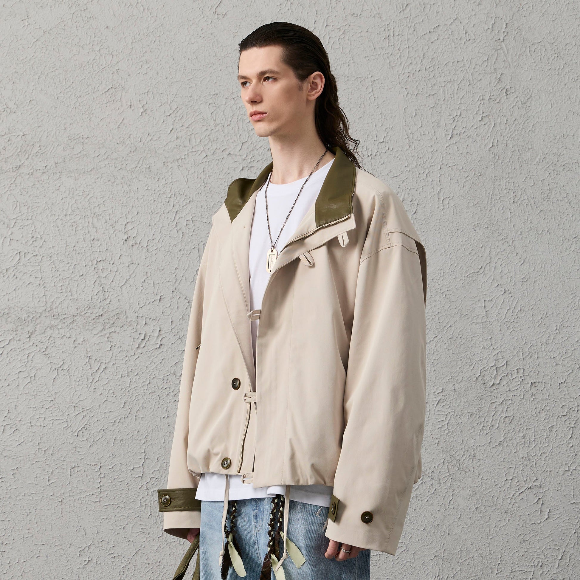 ORGANIC EMOTION Stand Collar PU Drawstring Jacket-Jacket-S-Khaki-Free Shipping Leatheretro