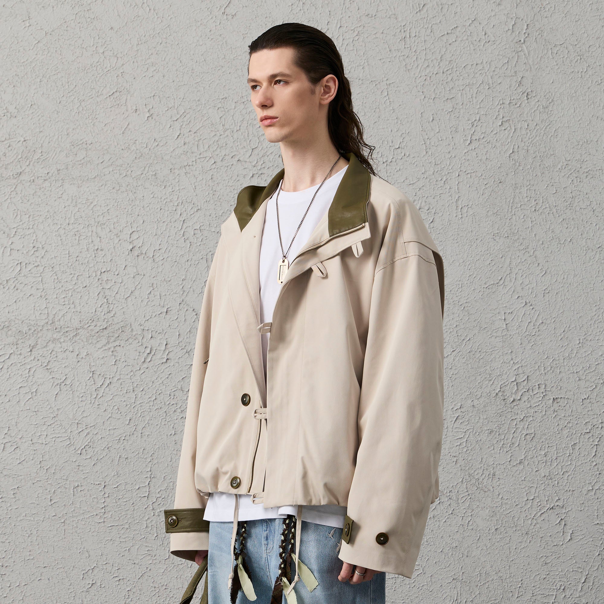 ORGANIC EMOTION Stand Collar PU Drawstring Jacket-Jacket-S-Khaki-Free Shipping Leatheretro