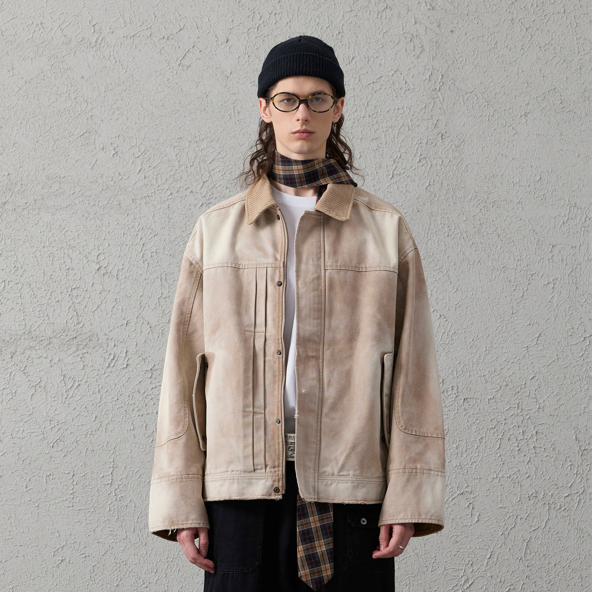 ORGANIC EMOTION Washed Contrast Collar Oversized Snap Jacket-Jacket-S-Khaki-Free Shipping Leatheretro