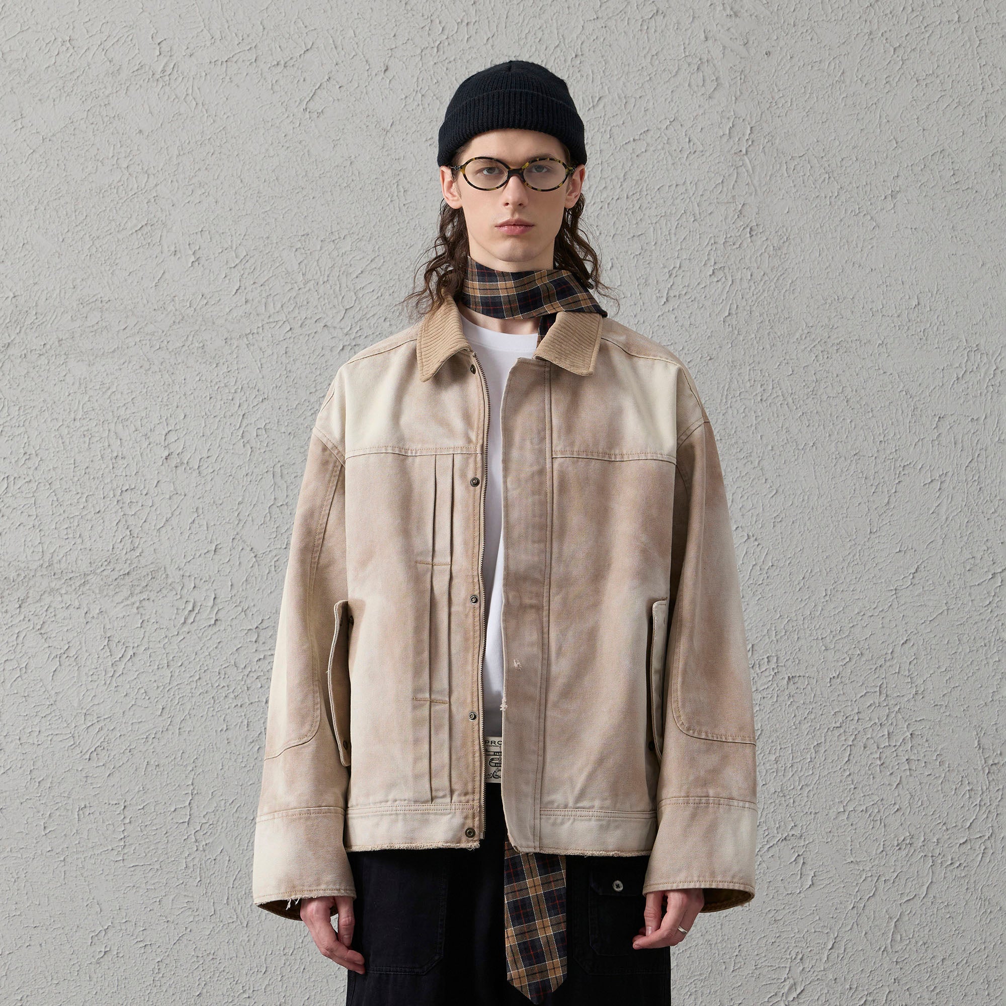 ORGANIC EMOTION Washed Contrast Collar Oversized Snap Jacket-Jacket-S-Khaki-Free Shipping Leatheretro