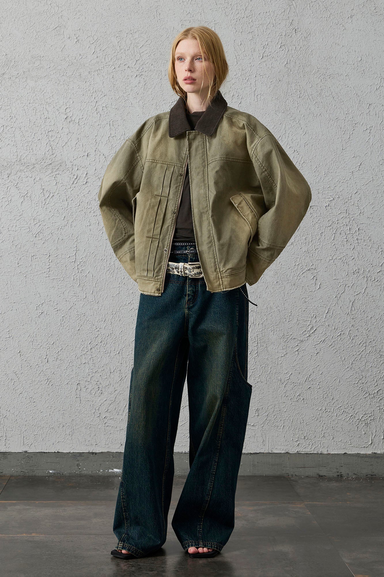 ORGANIC EMOTION Washed Contrast Collar Oversized Snap Jacket-Jacket-S-Green-Free Shipping Leatheretro