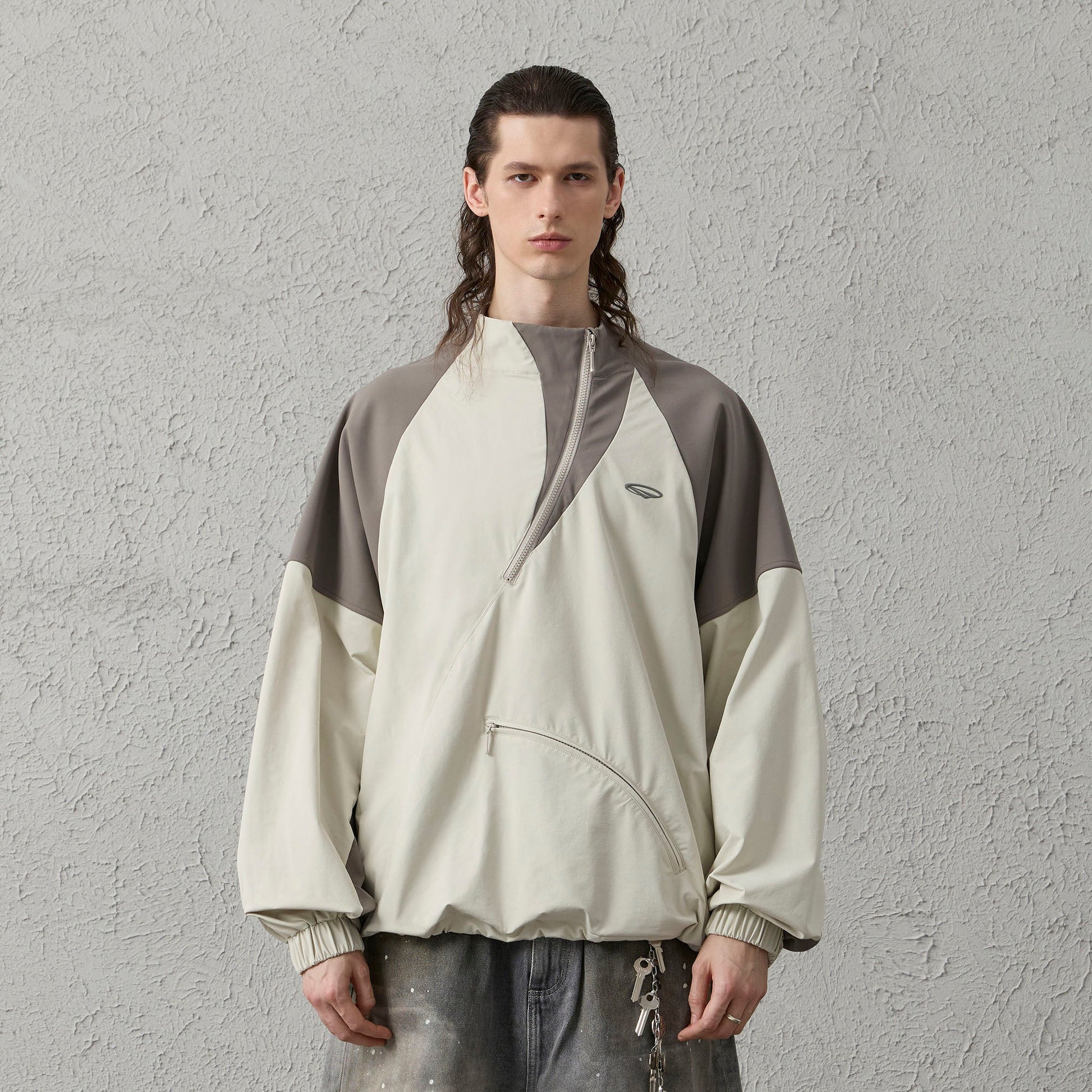 ORGANIC EMOTION Contrast Diagonal Half Zip Oversized Windbreaker-Jacket-S-Light Gray-Free Shipping Leatheretro