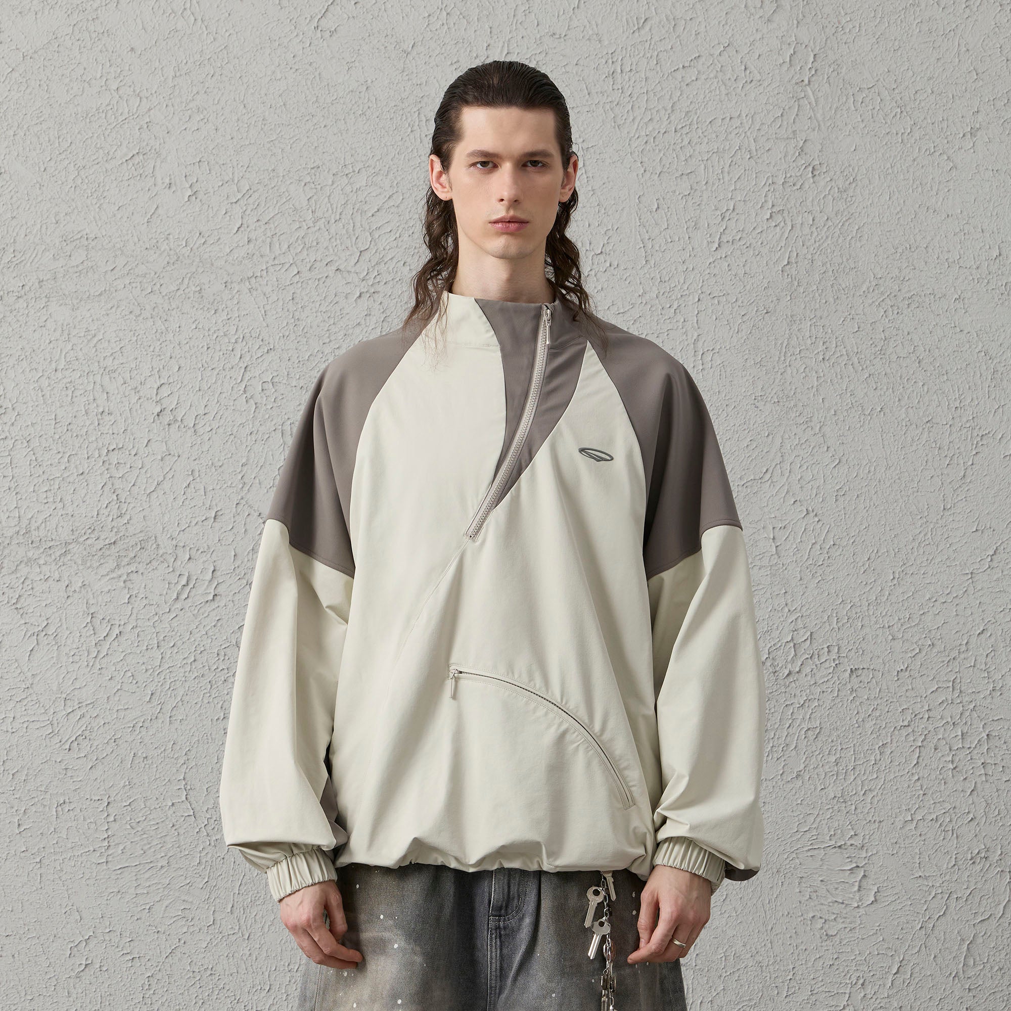 ORGANIC EMOTION Contrast Diagonal Half Zip Oversized Windbreaker-Jacket-S-Light Gray-Free Shipping Leatheretro