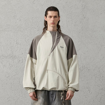 ORGANIC EMOTION Contrast Diagonal Half Zip Oversized Windbreaker-Jacket-S-Light Gray-Free Shipping Leatheretro