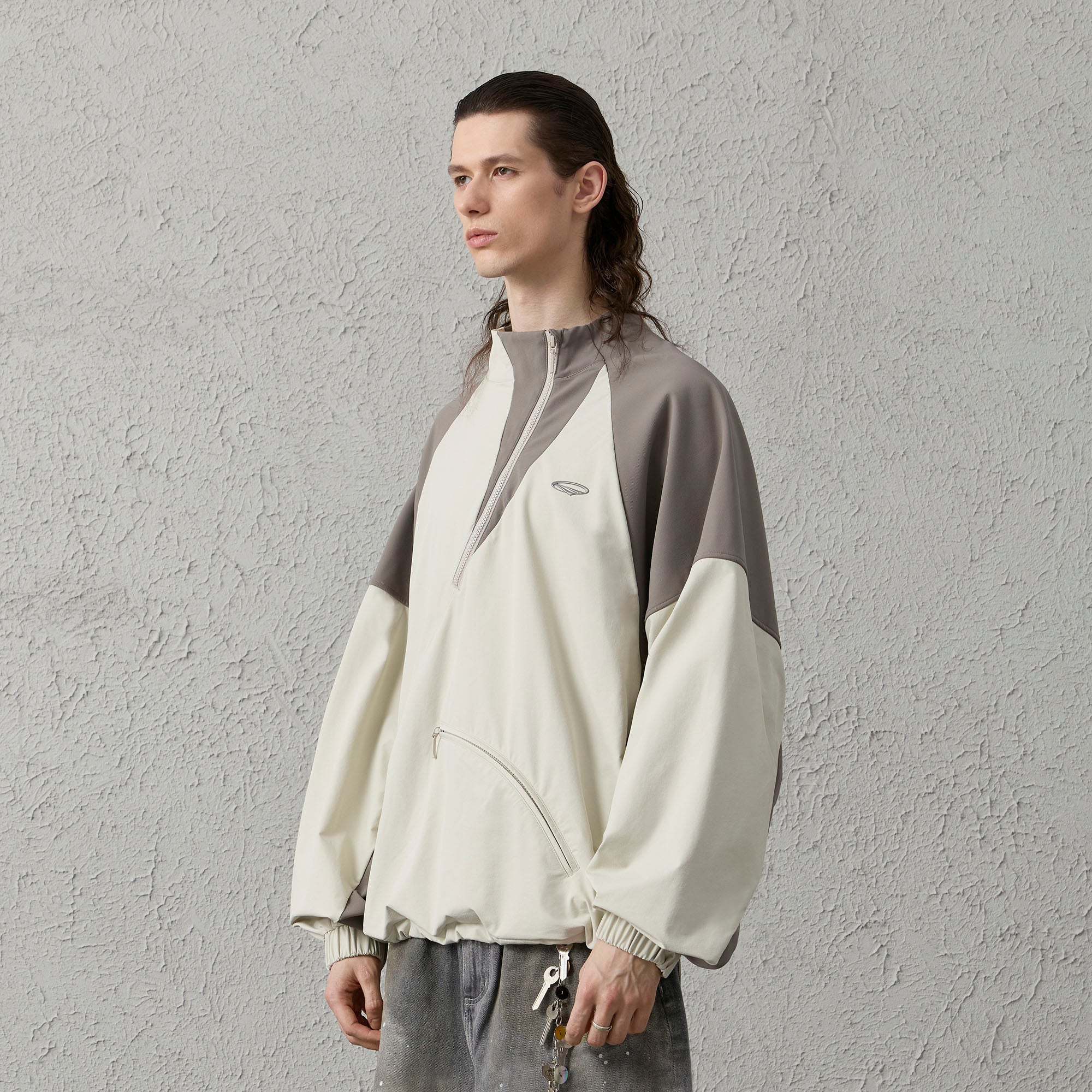 ORGANIC EMOTION Contrast Diagonal Half Zip Oversized Windbreaker-Jacket-S-Light Gray-Free Shipping Leatheretro