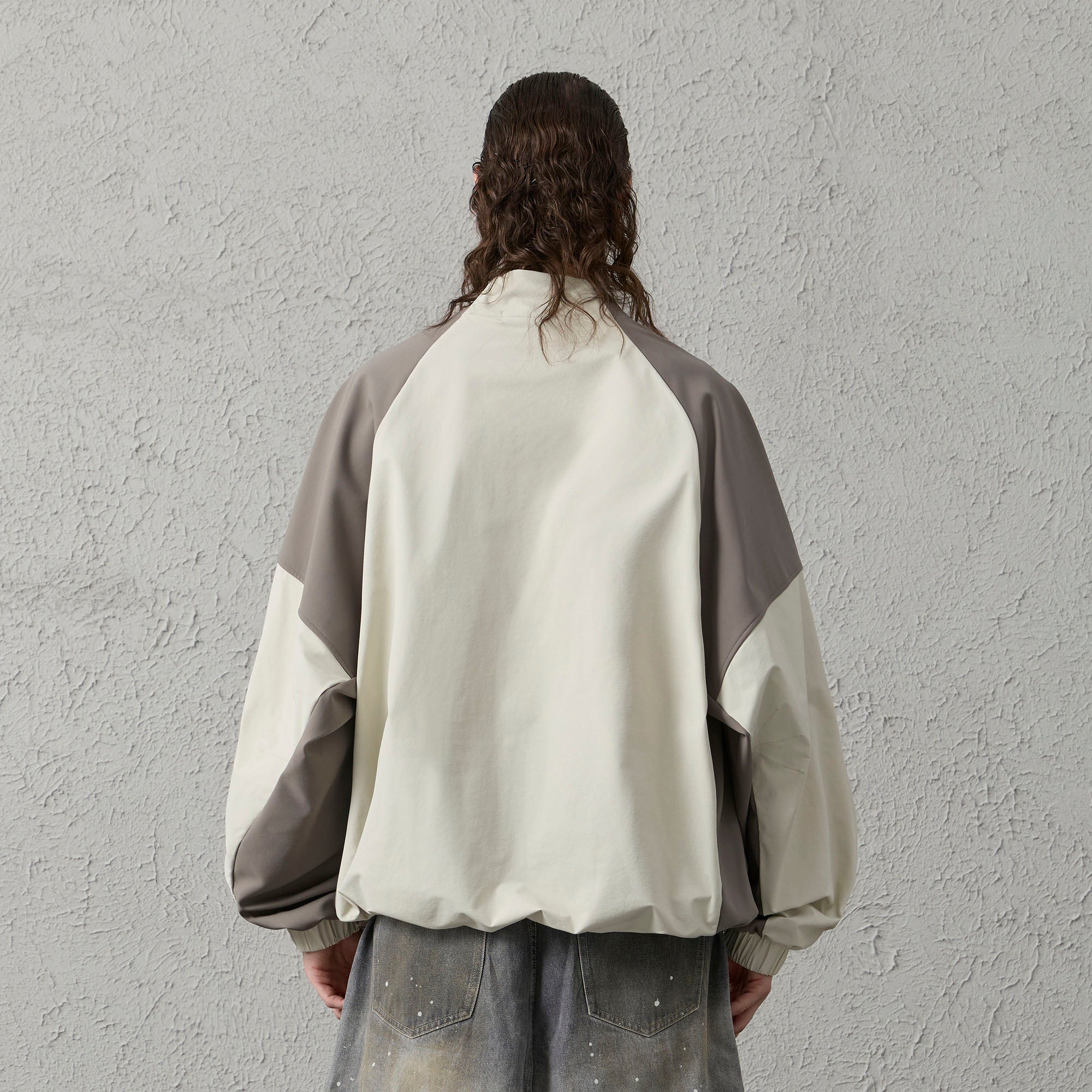 ORGANIC EMOTION Contrast Diagonal Half Zip Oversized Windbreaker-Jacket-S-Light Gray-Free Shipping Leatheretro