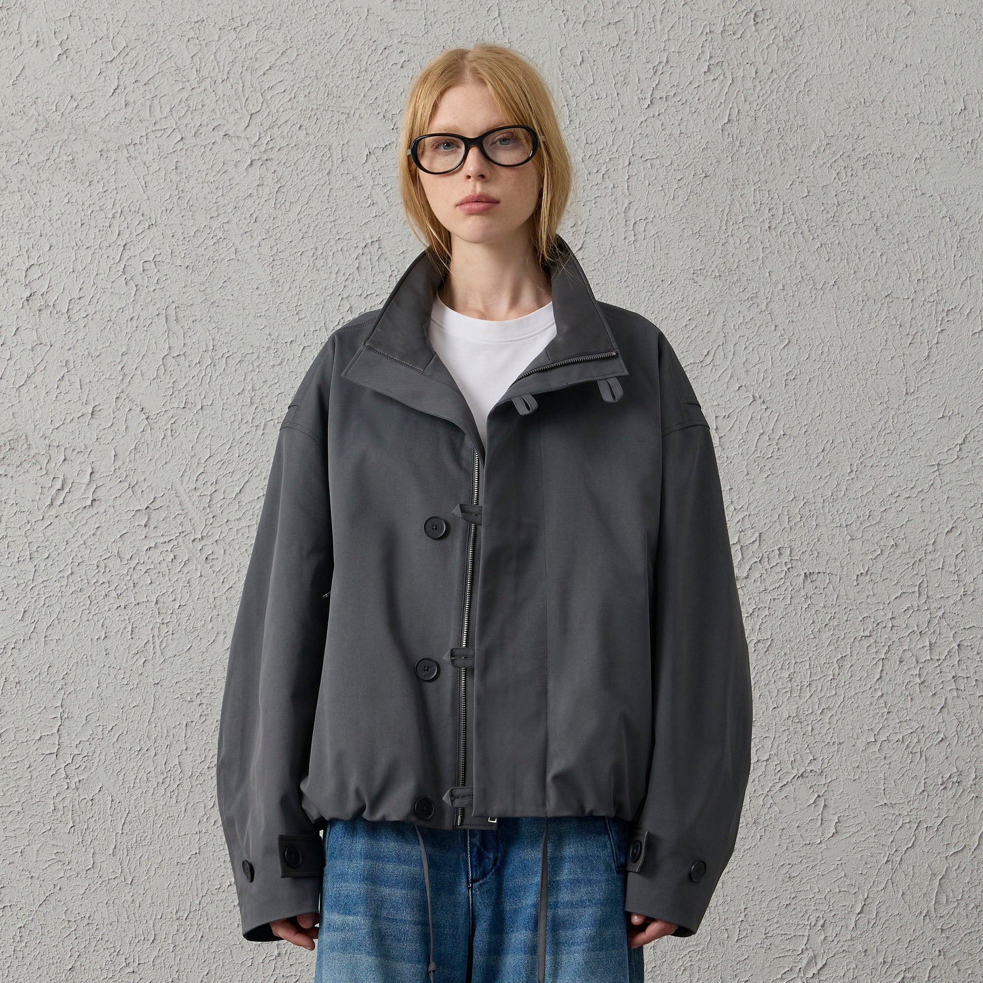 ORGANIC EMOTION Stand Collar PU Drawstring Jacket-Jacket-S-Dark Gray-Free Shipping Leatheretro